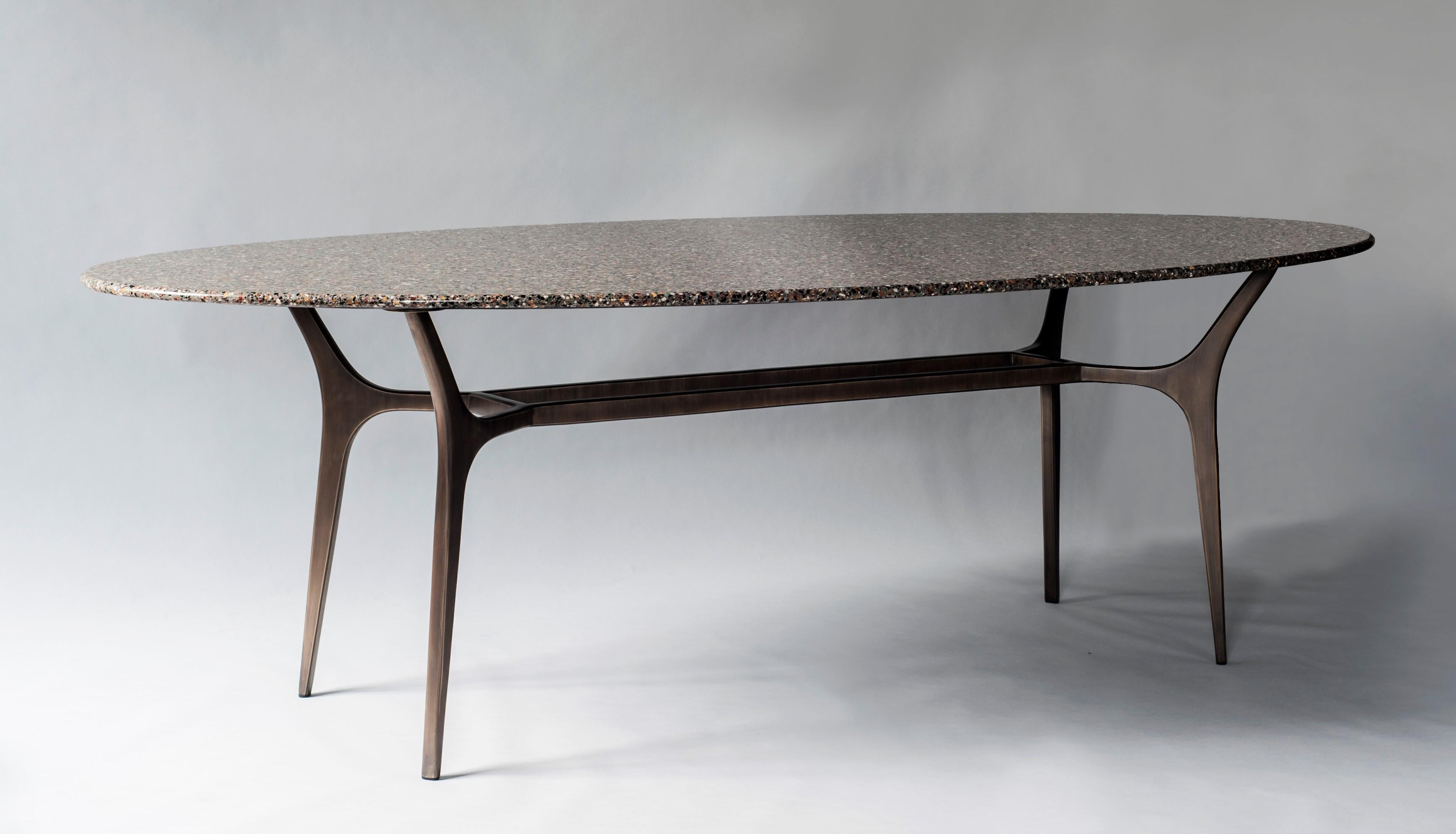 Athena Dining Table by DeMuro Das in White Terrazzo and Solid Antique Bronze 1