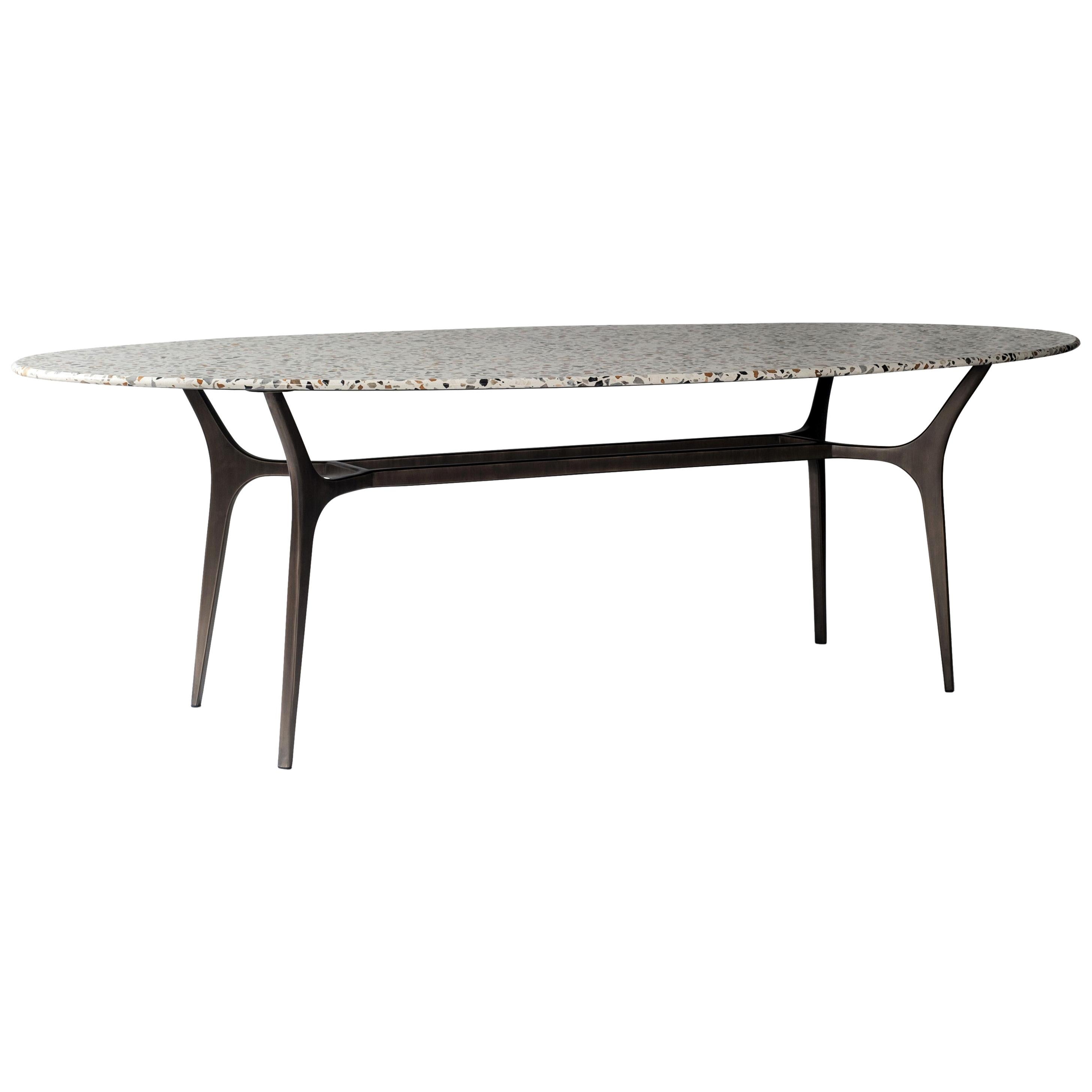 Athena Dining Table by DeMuro Das in White Terrazzo and Solid Antique Bronze