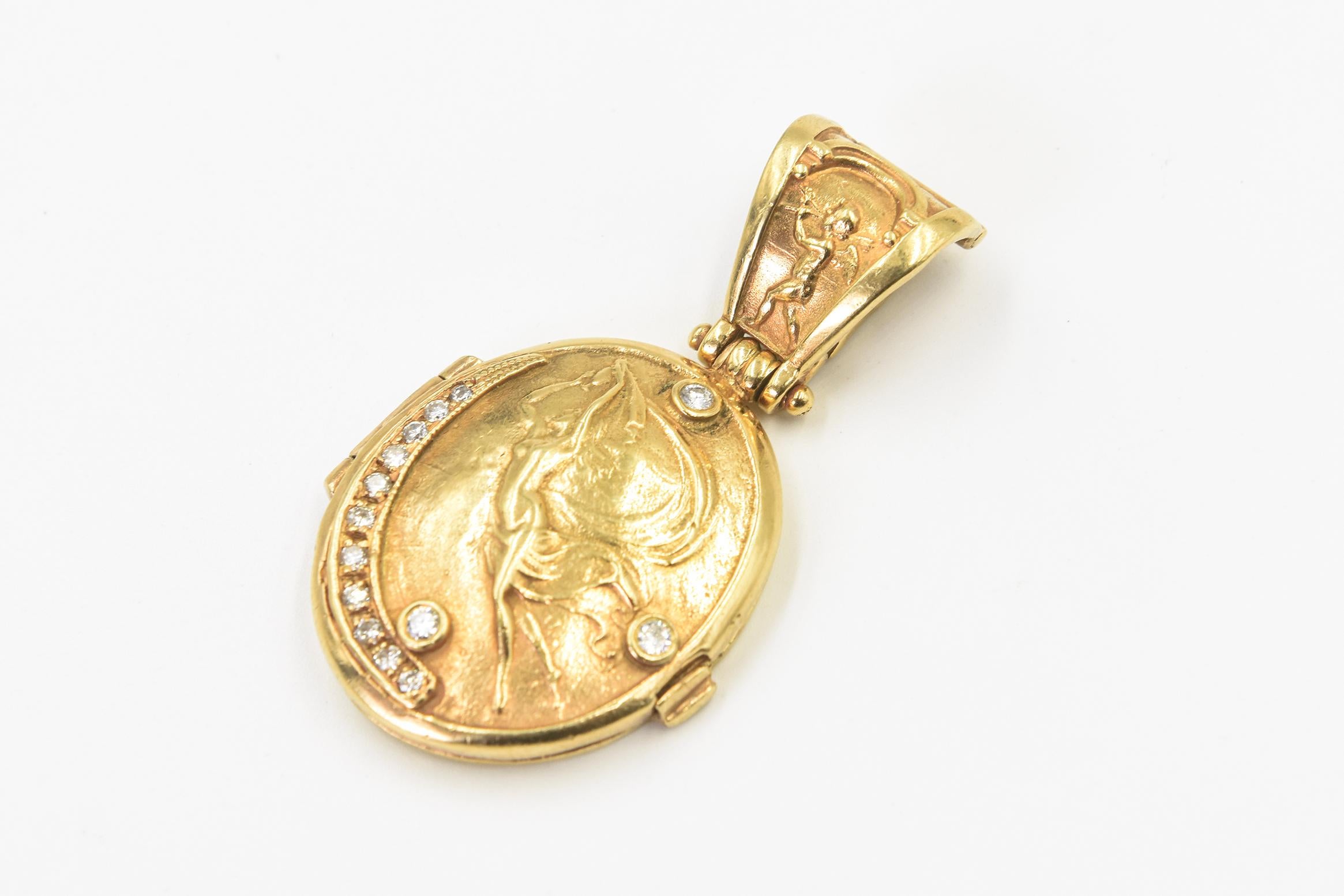 Athena Figural Gold and Diamond Locket For Sale 2