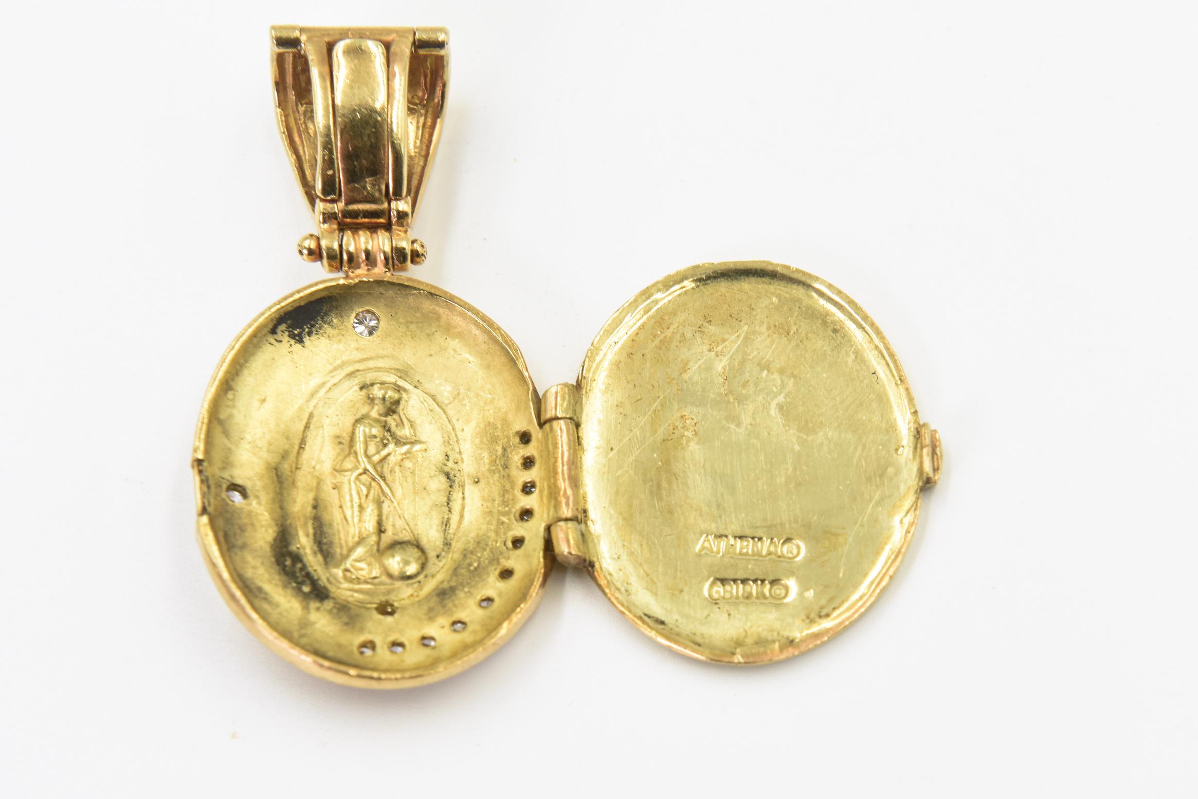 Athena Figural Gold and Diamond Locket For Sale 3