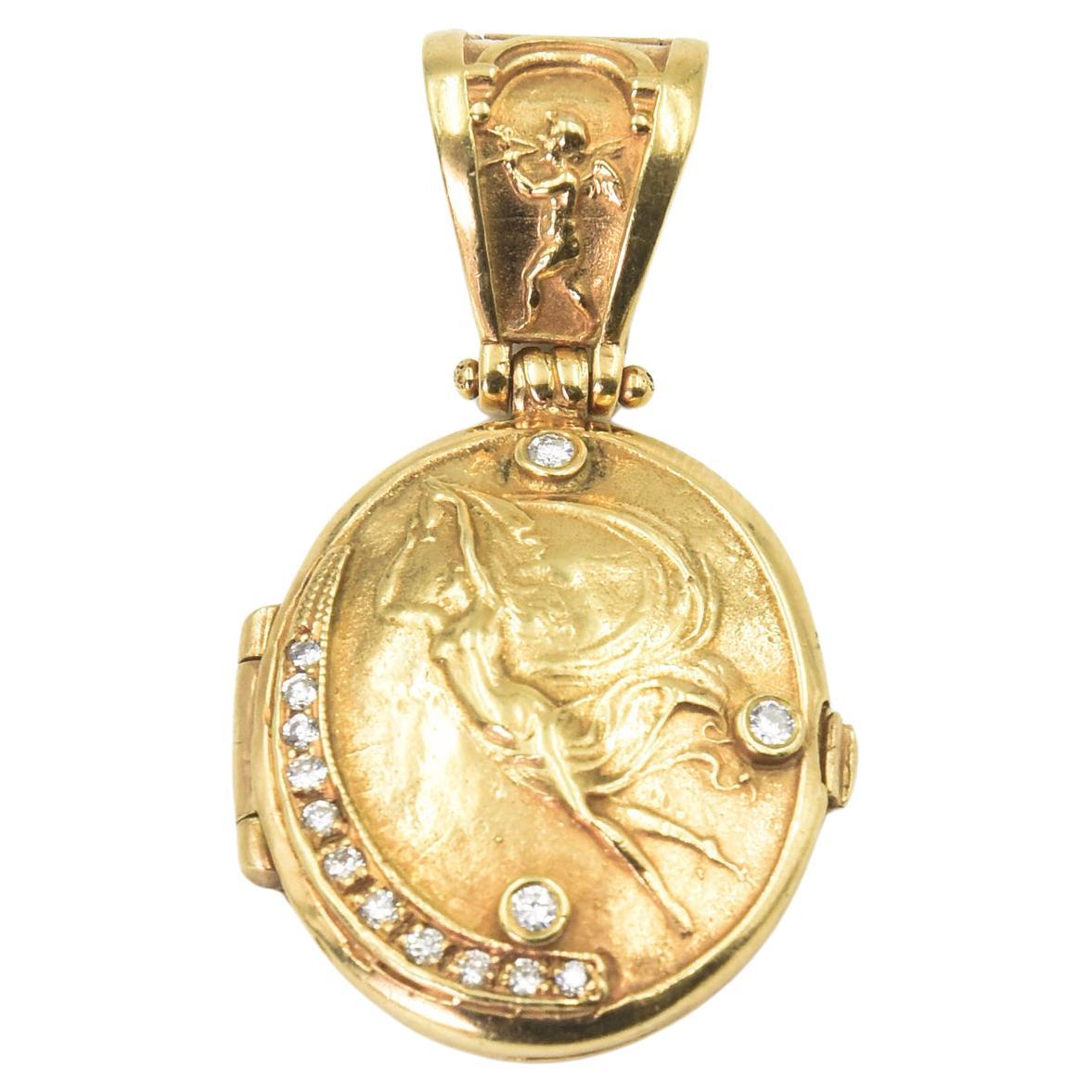 Athena Figural Gold and Diamond Locket For Sale