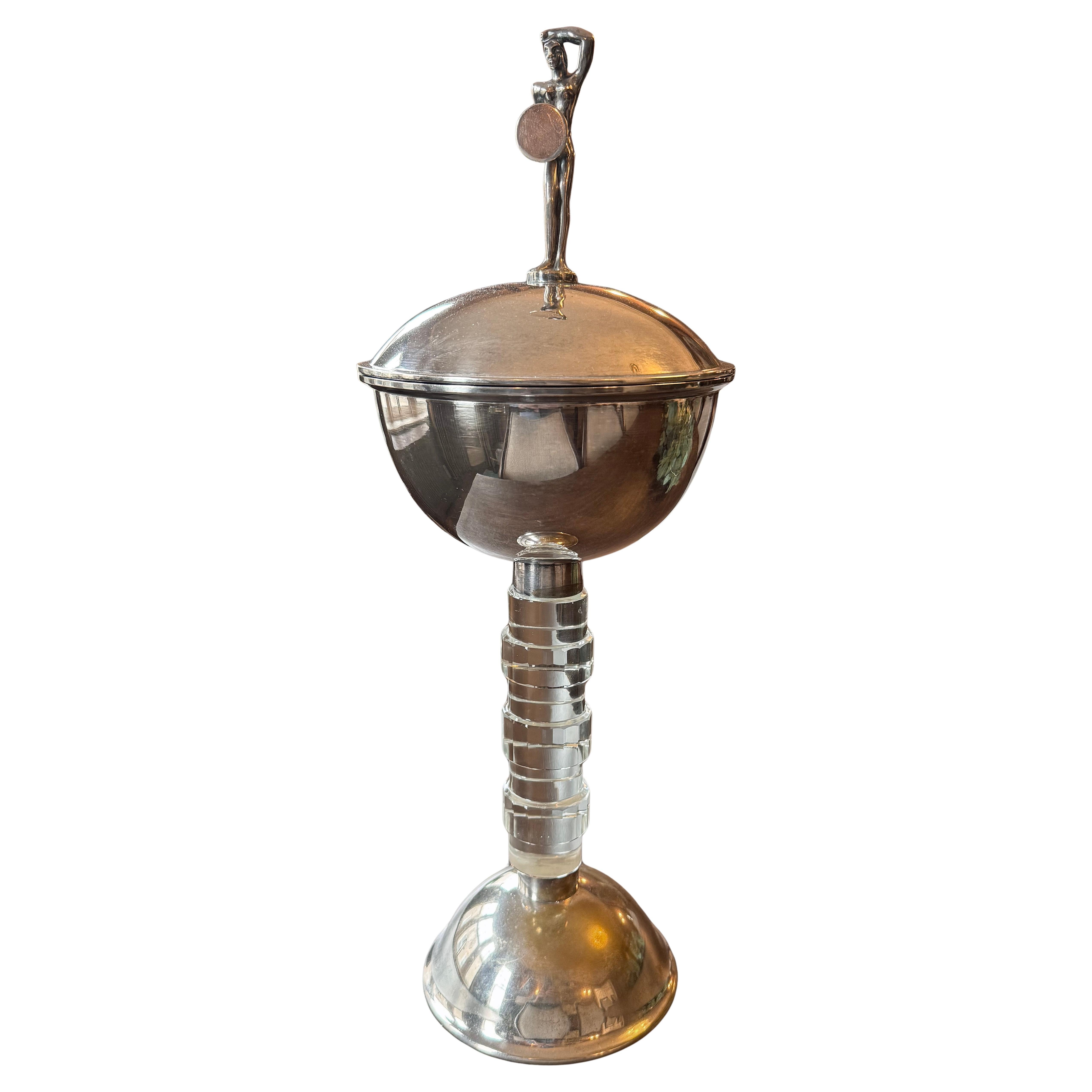 "Athena, Goddess of Artisans", Czech Art Deco Caviar Server, Silvered Brass en vente