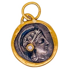 Athena Goddess of War & Wisdom Pendant, Diamond 24k Yellow Gold & Silver Charm
