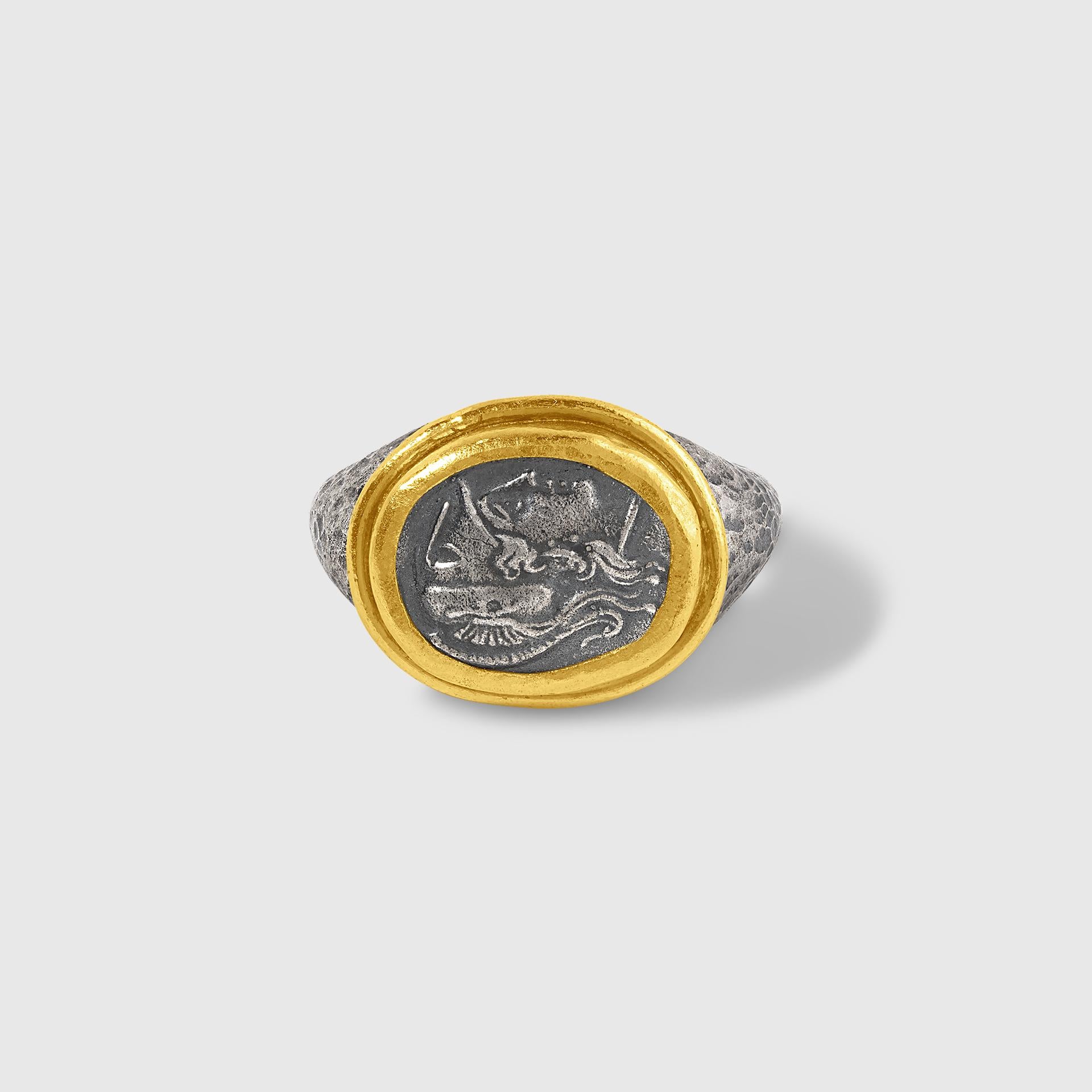 Athena, Göttin der Weisheit und des Krieges, Ring aus 24-karätigem Gold und Silber (Zeitgenössisch) im Angebot