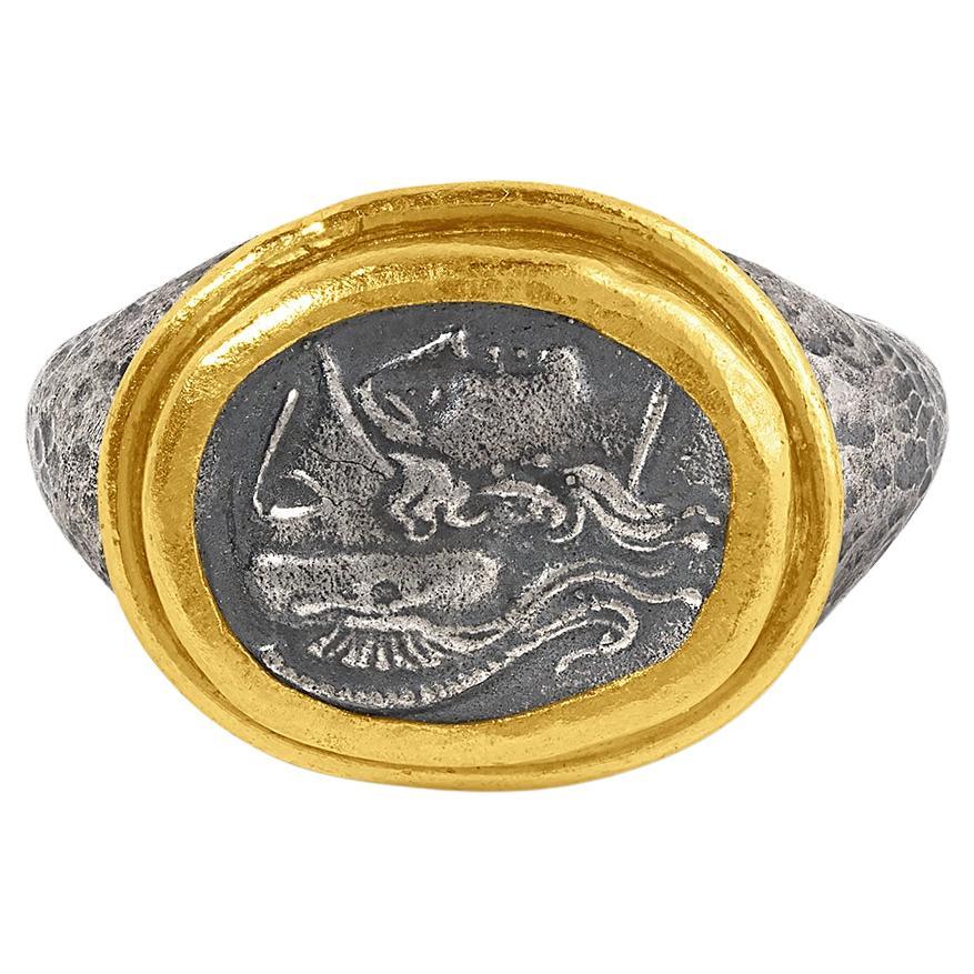 Athena, Göttin der Weisheit und des Krieges, Ring aus 24-karätigem Gold und Silber im Angebot