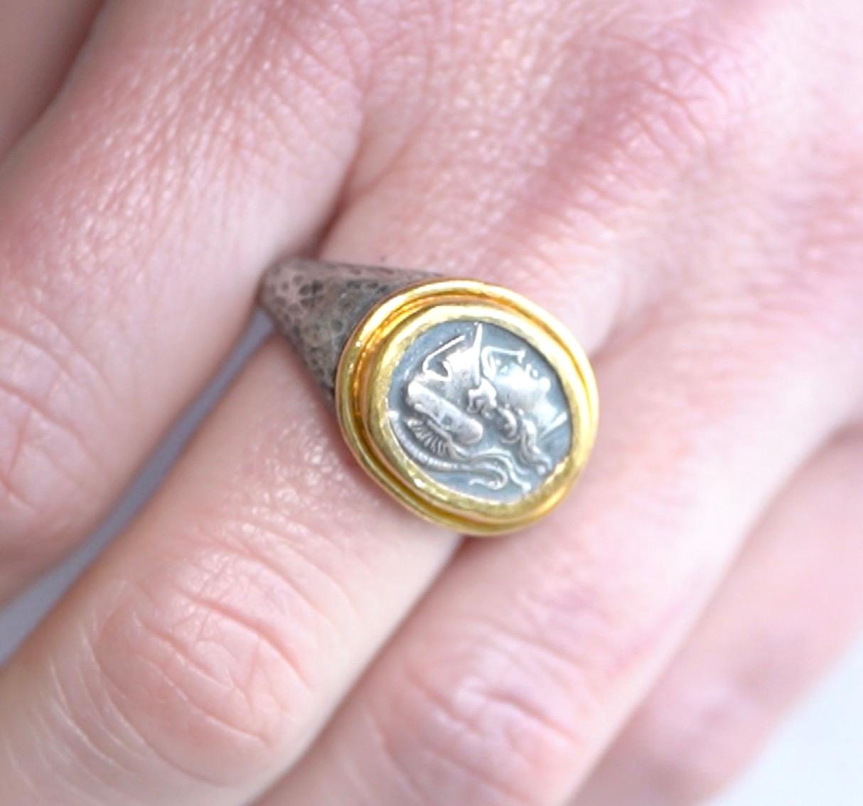 Athena, Goddess of Wisdom and War, 24kt Gold and Silver Ring by Prehistoric Works of Istanbul, Turkey. Size 7 US