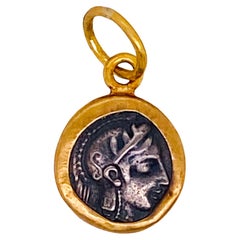 Athena Goddess of Wisdom Coin Pendant Charm in 24k Yellow Gold with Silver