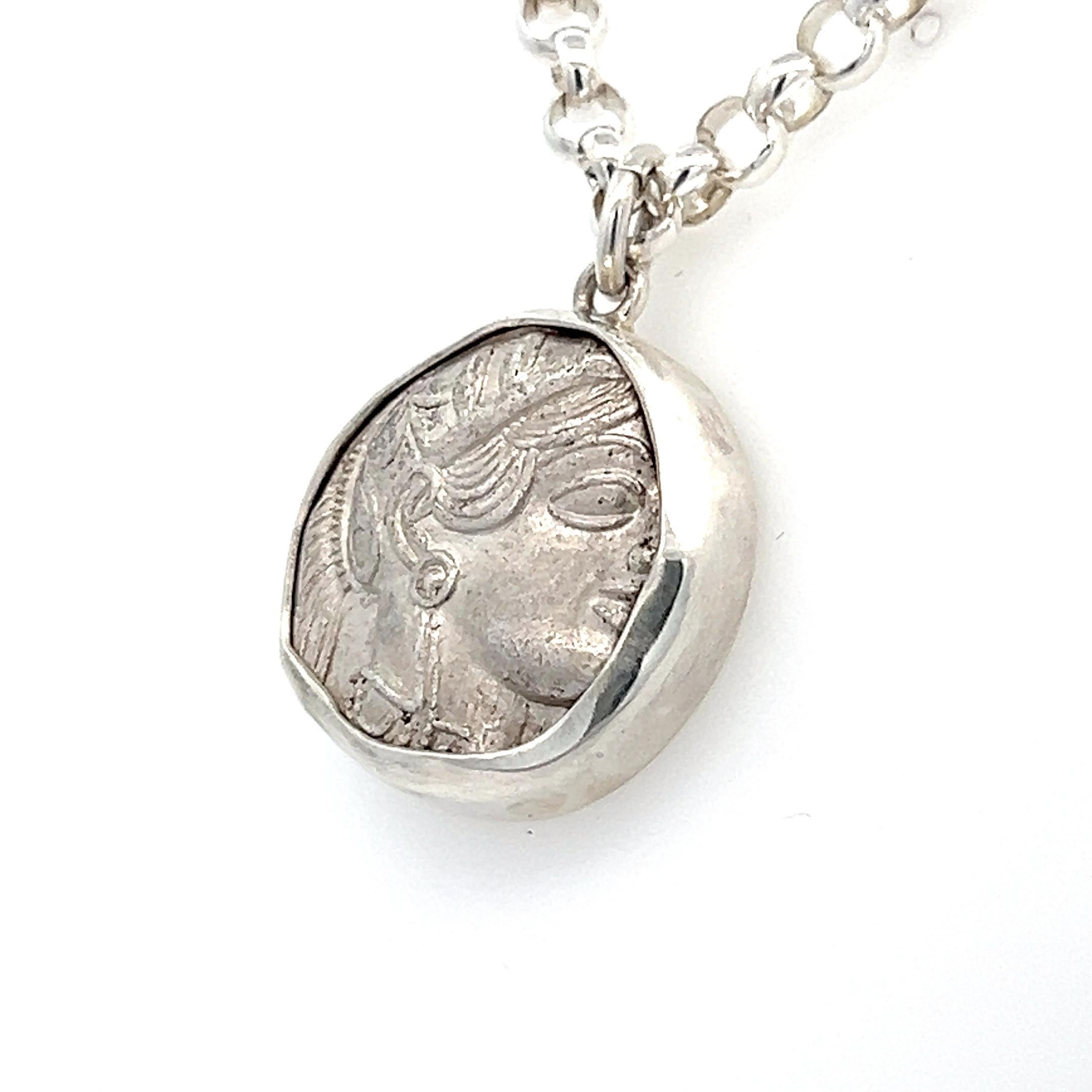 Athena Necklace Coin Pendant Genuine Ancient Greek Athenian Silver Tetradrachm In Excellent Condition In London, GB