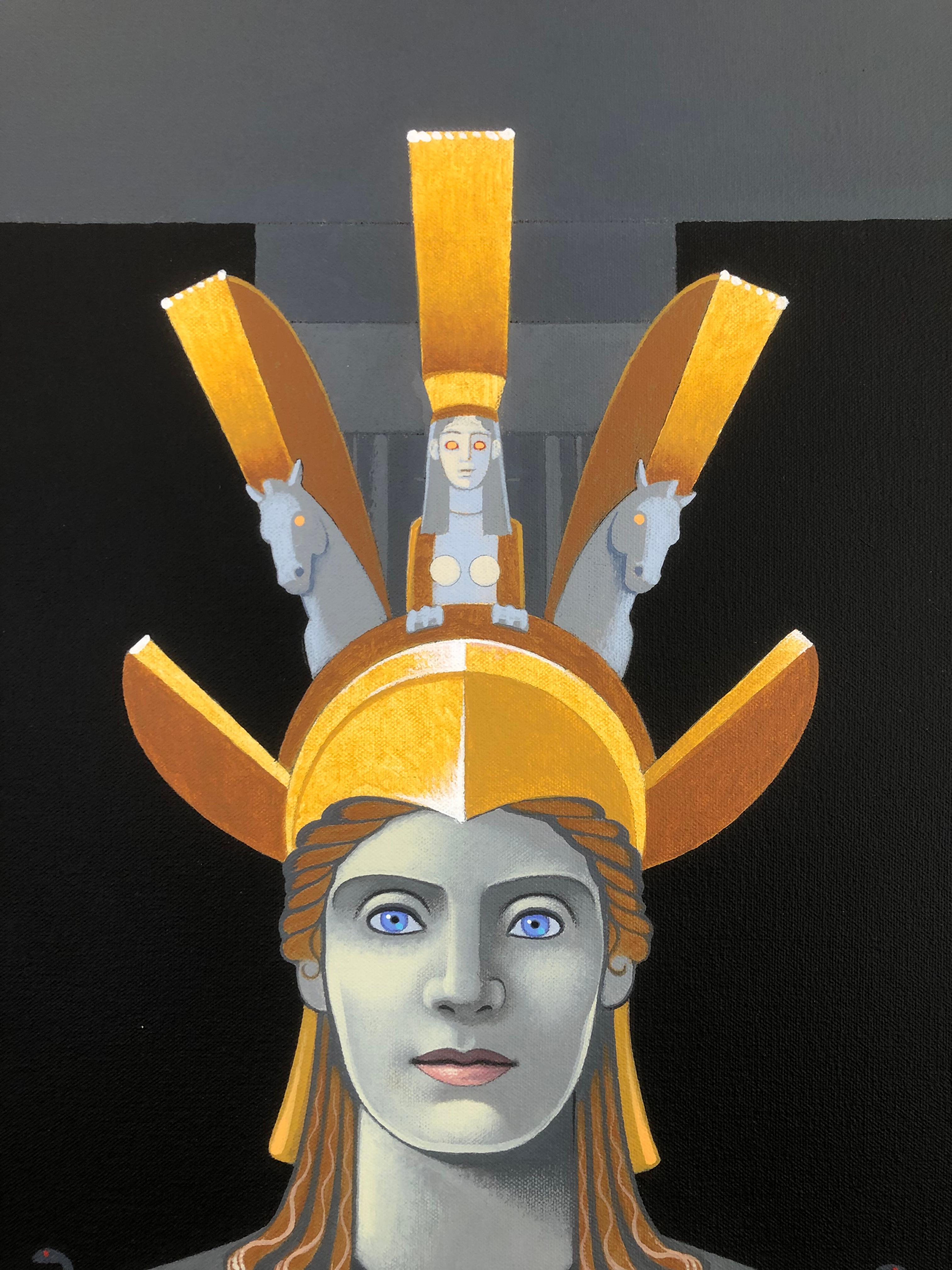 Athena Parthenos.  Dipinto originale di Lynn Curlee.
Questo bellissimo dipinto raffigura la famosa statua monumentale di Fidia.
Che si trovava nella cella del Partenone ad Atene.
Con carne d'avorio e abiti d'oro massiccio e tempestati di Jewell,
la