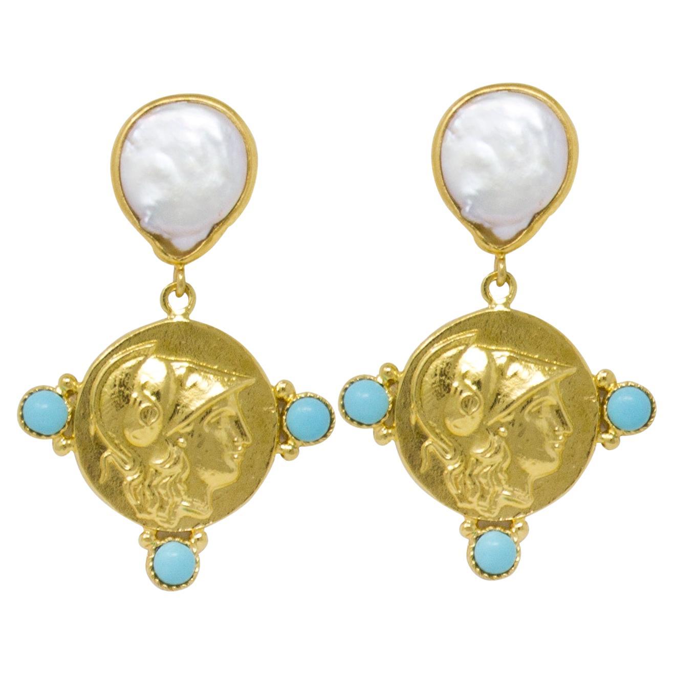 Athena Pearl & Turquoise Drop Earrings For Sale