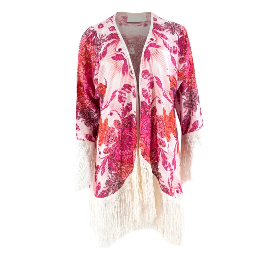 Athena Procopiou Printed Silk Kimono

- White & pink, printed kimono
- 100% silk
- Ivory fringe cuffs and hem
- Lace trim

Please note, these items are pre-owned and may show some signs of storage, even when unworn and unused. This is reflected