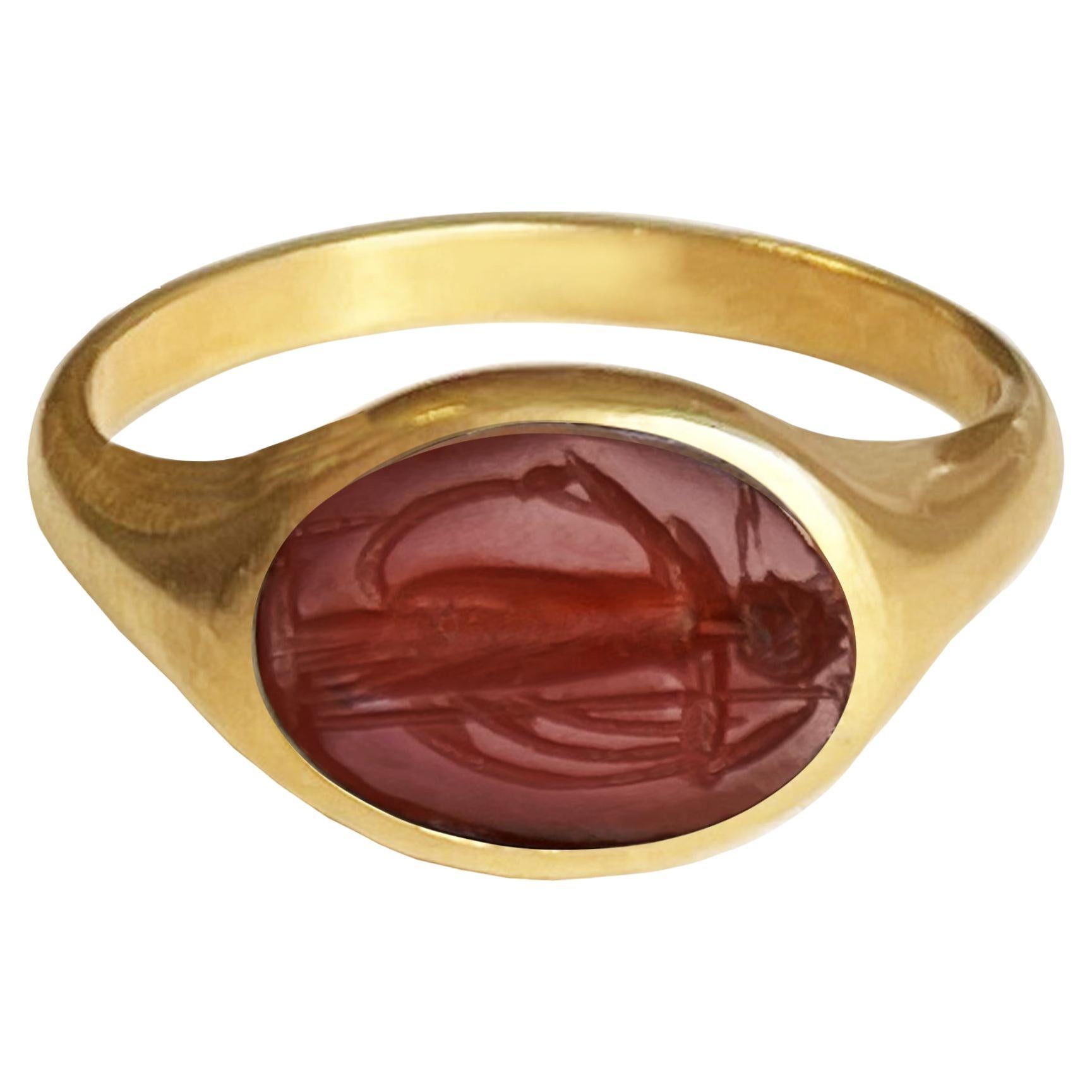 Athena Roman Carnelian Intaglio 18 Kt Gold Ring
