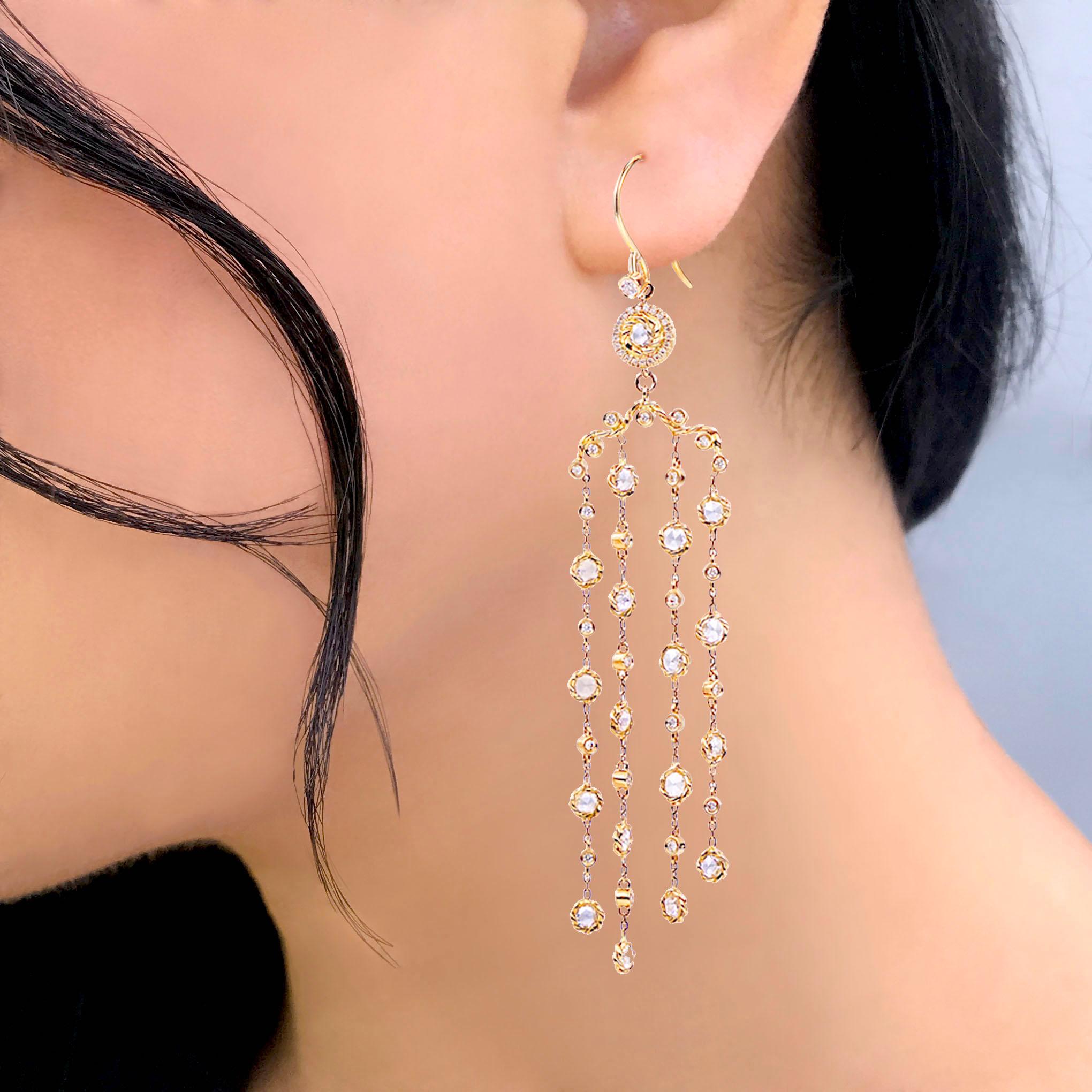 Athena Rose-Cut Diamond Chandelier Earrings 18K Yellow Gold For Sale 1