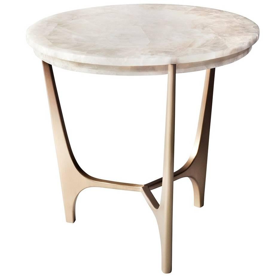 Athena Side Table by DeMuro Das in White Quartz with Hand-Cast Solid Bronze Base For Sale