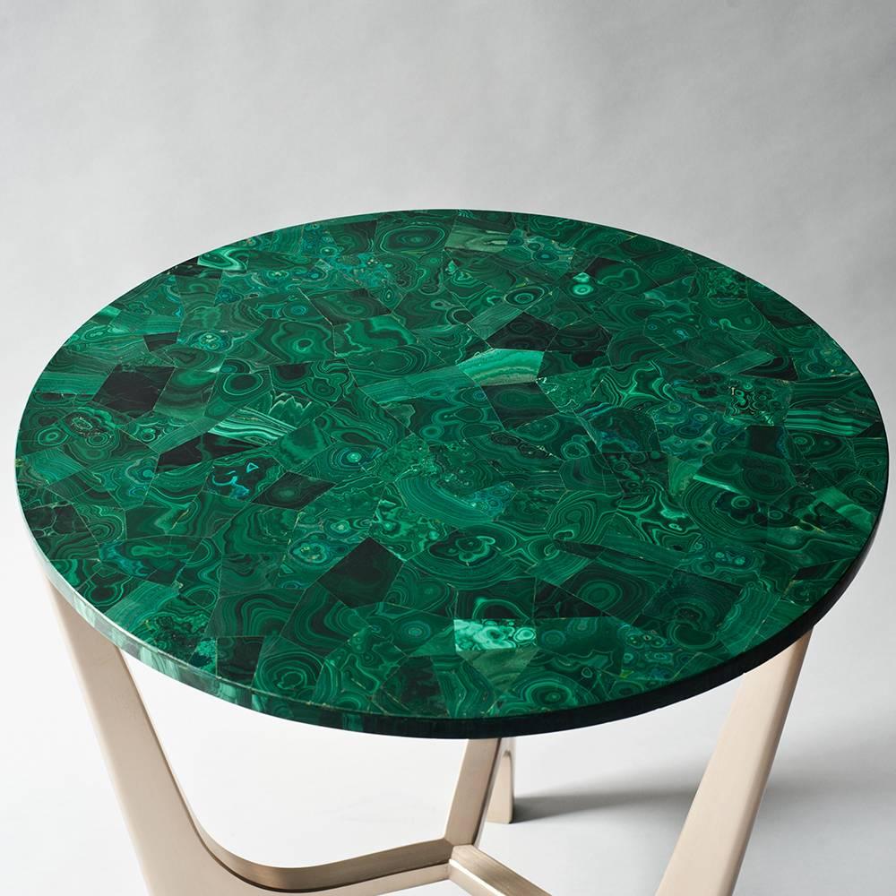 Modern Athena Side Table by DeMuro Das with Malachite Top and Solid Bronze Base