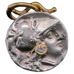 Athena, Wisdom Goddess Coin Pendant Amulet with Diamond, 24K and Sterling