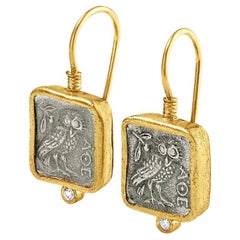 Athena's Owl Drop Earrings with Diamonds, 24kt Gold and Sterling Silver