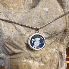 ATHENA'S OWL Hand-Painted on Lapis Lazuli Silver Pendant