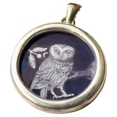 ATHENA'S OWL Hand-Painted on Lapis Lazuli Silver Pendant