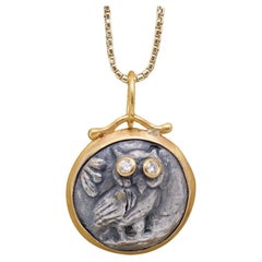 Athena's Owl with Diamond Eyes, Coin Charm Amulet Pendant Necklace 24kt Gold, SS