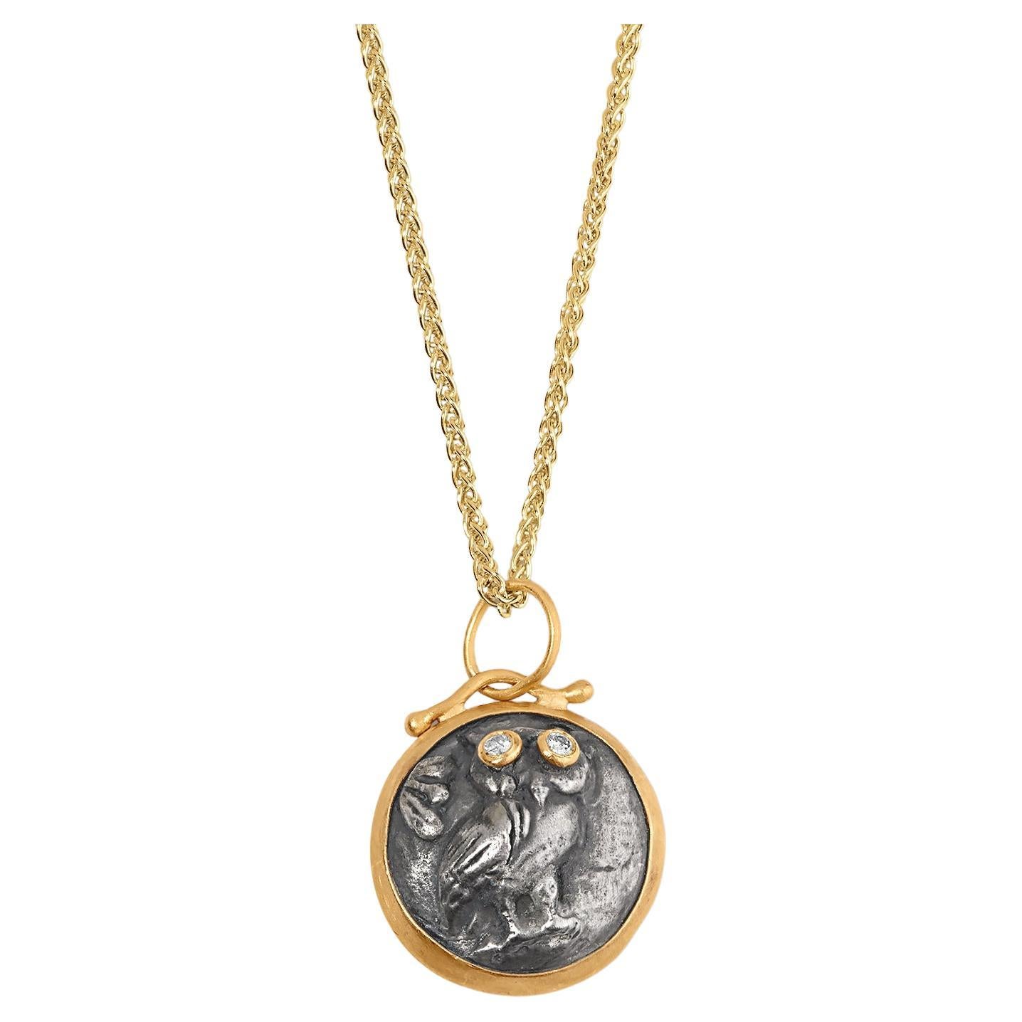 Athena's Owl with Diamond Eyes, Coin Charm Amulet Pendant Necklace 24kt Gold, SS For Sale