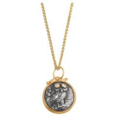 Athena's Owl with Diamond Eyes, Coin Charm Amulet Pendant Necklace 24kt Gold, SS