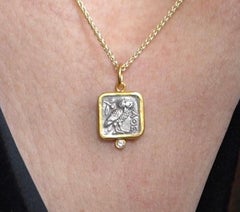 Athena's Owl with Diamond, Square, Coin Charm Amulet Pendant Necklace, 24kt Gold