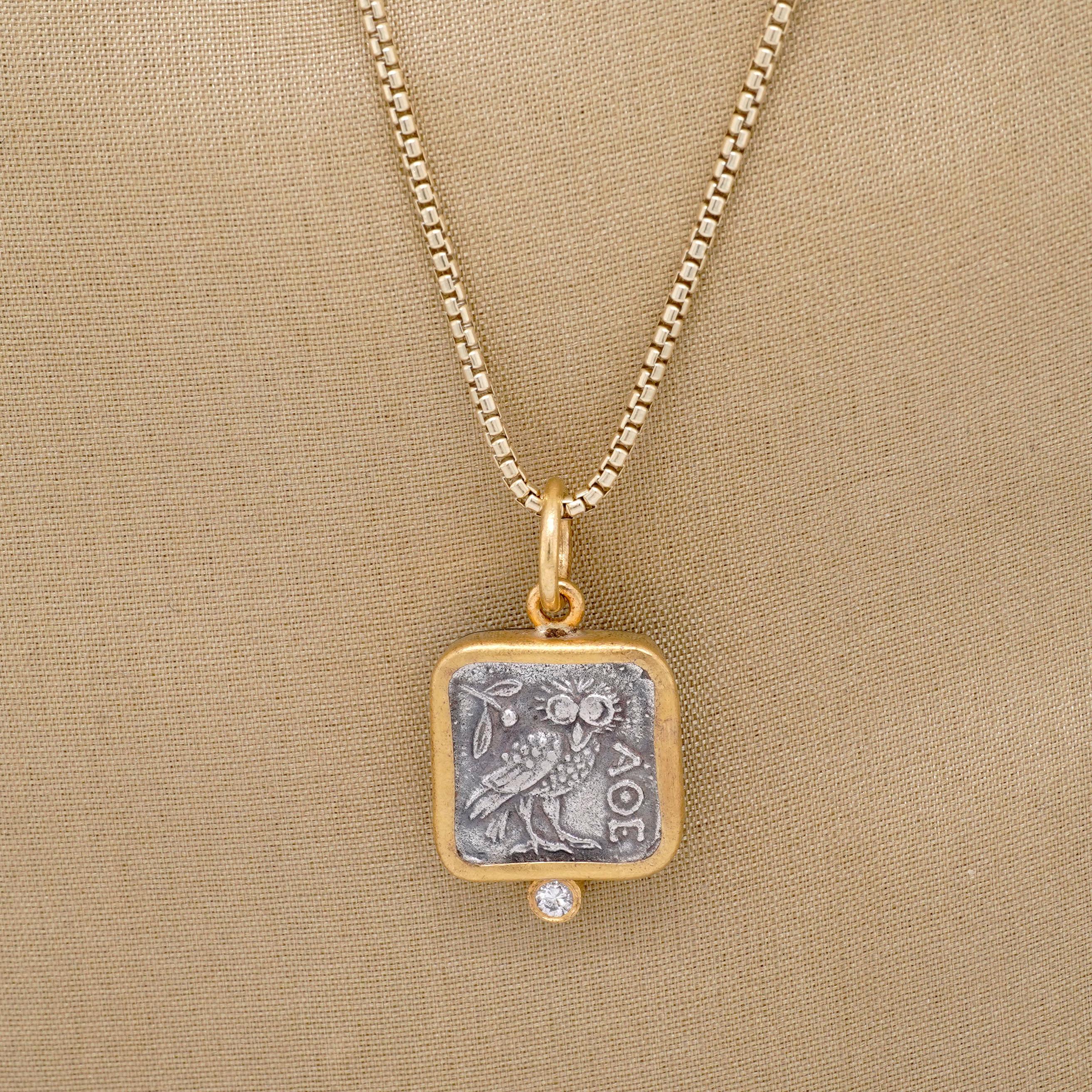 Athena's Owl with Diamond, Square, Coin Charm Amulet Pendant Necklace, 24kt Gold In New Condition In Bozeman, MT