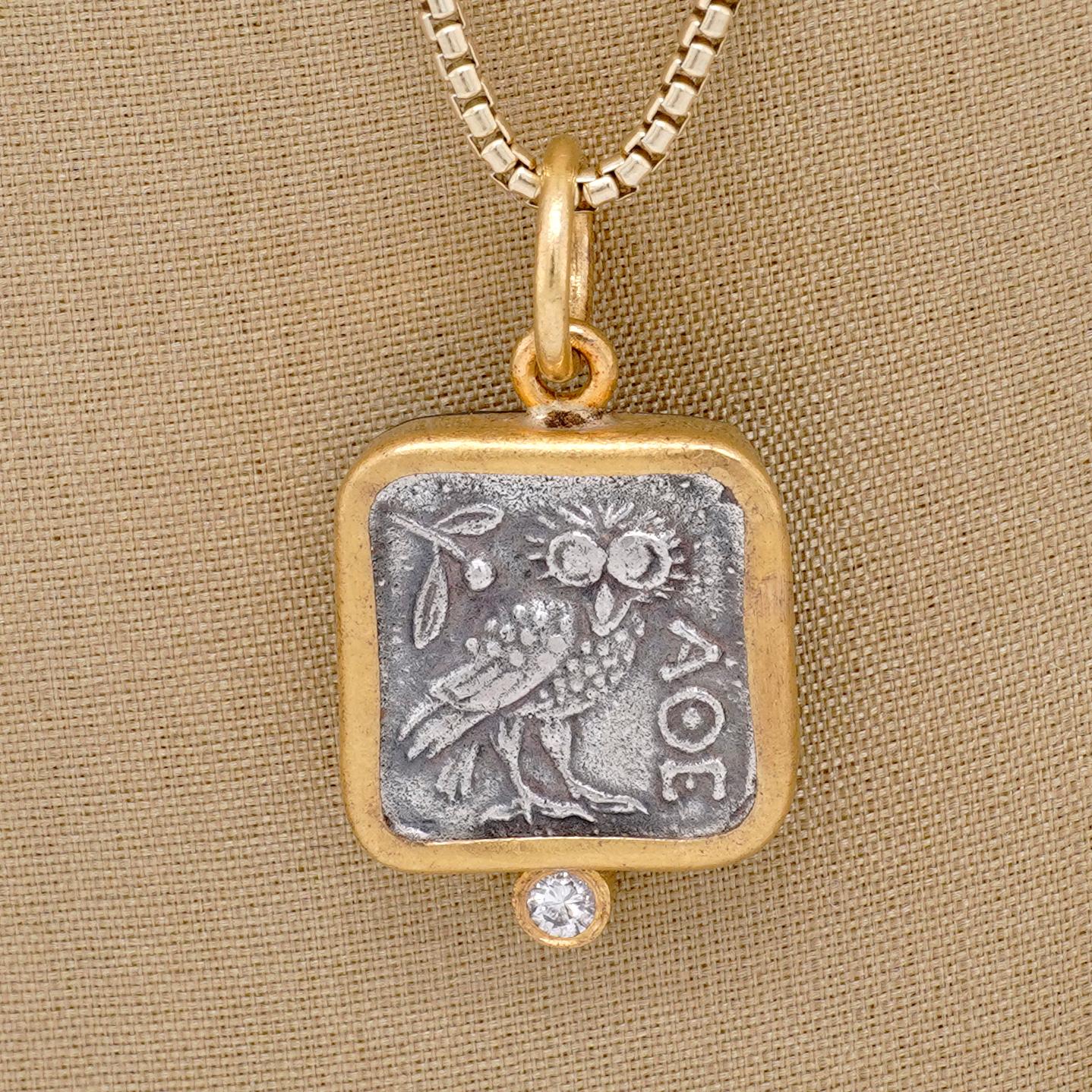 Contemporary Athena's Owl with Diamond, Square, Coin Charm Amulet Pendant Necklace, 24kt Gold