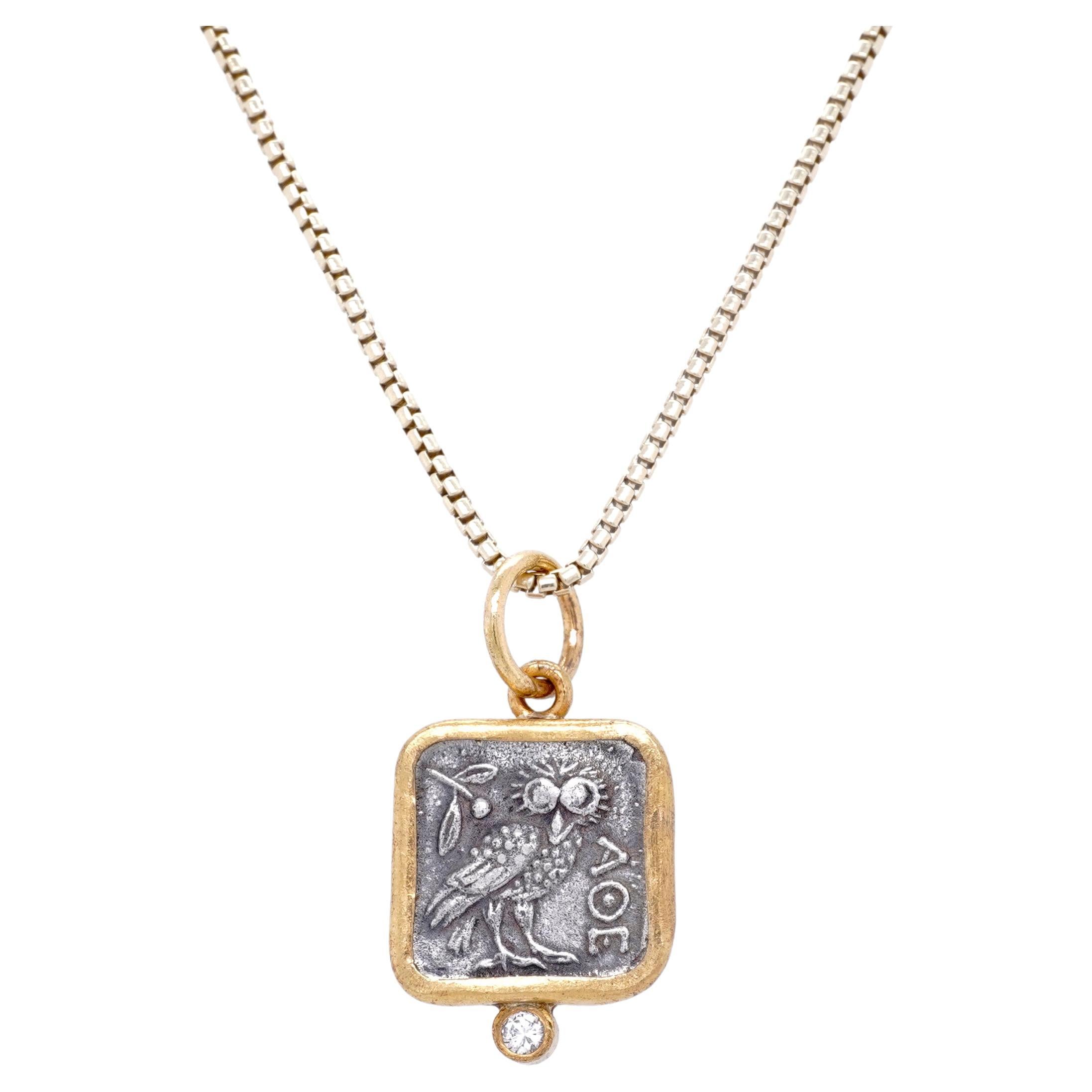 Round Cut Athena's Owl with Diamond, Square, Coin Charm Amulet Pendant Necklace, 24kt Gold