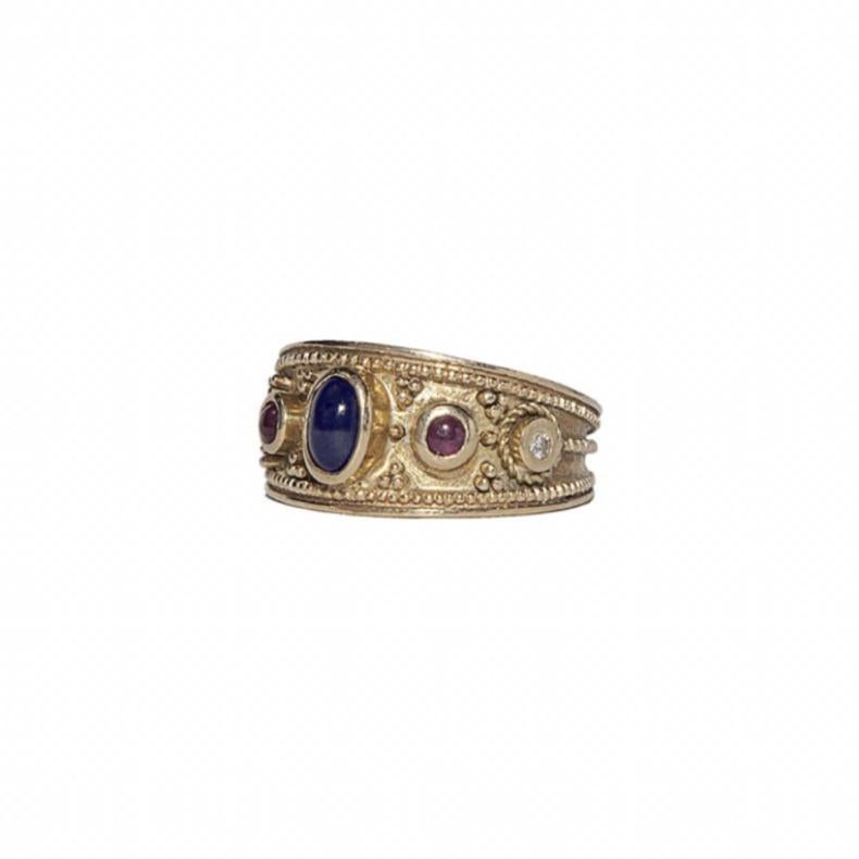 For Sale:  Athenas Ring in 18k Gold with Centered Sapphire, Rubies & Diamonds 4