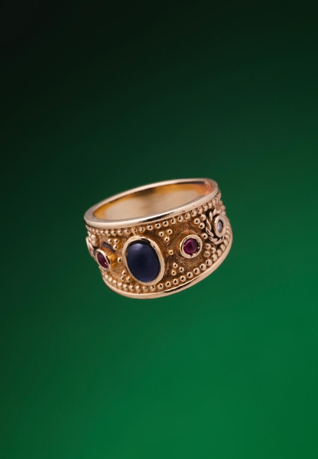 For Sale:  Athenas Ring in 18k Gold with Centered Sapphire, Rubies & Diamonds 6