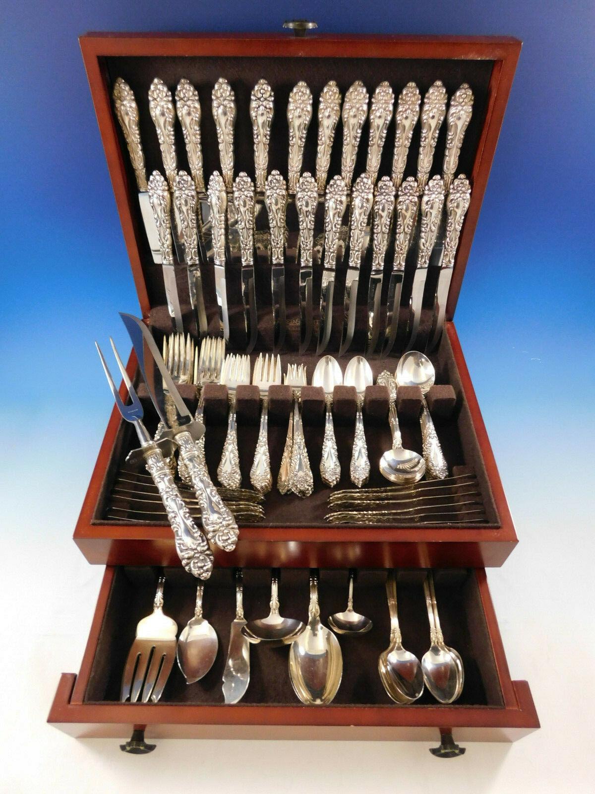 Monumental dinner size Athene AKA Crescendo by Amston sterling silver flatware set - 118 Pieces. This set includes:

12 dinner size knives, 9 3/4