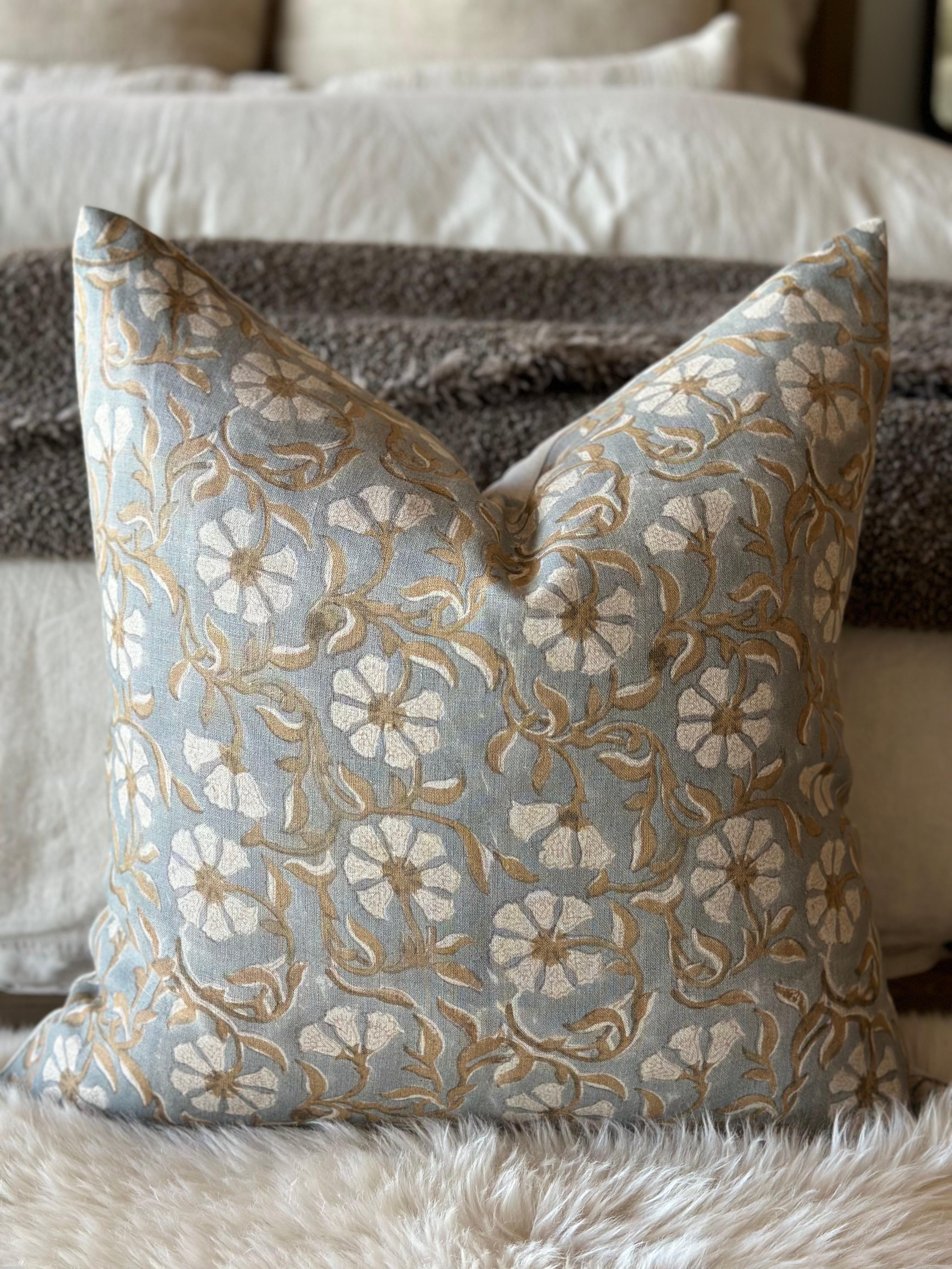 Atherton Block Printed Pillow with Down Feather Insert In New Condition For Sale In Brea, CA