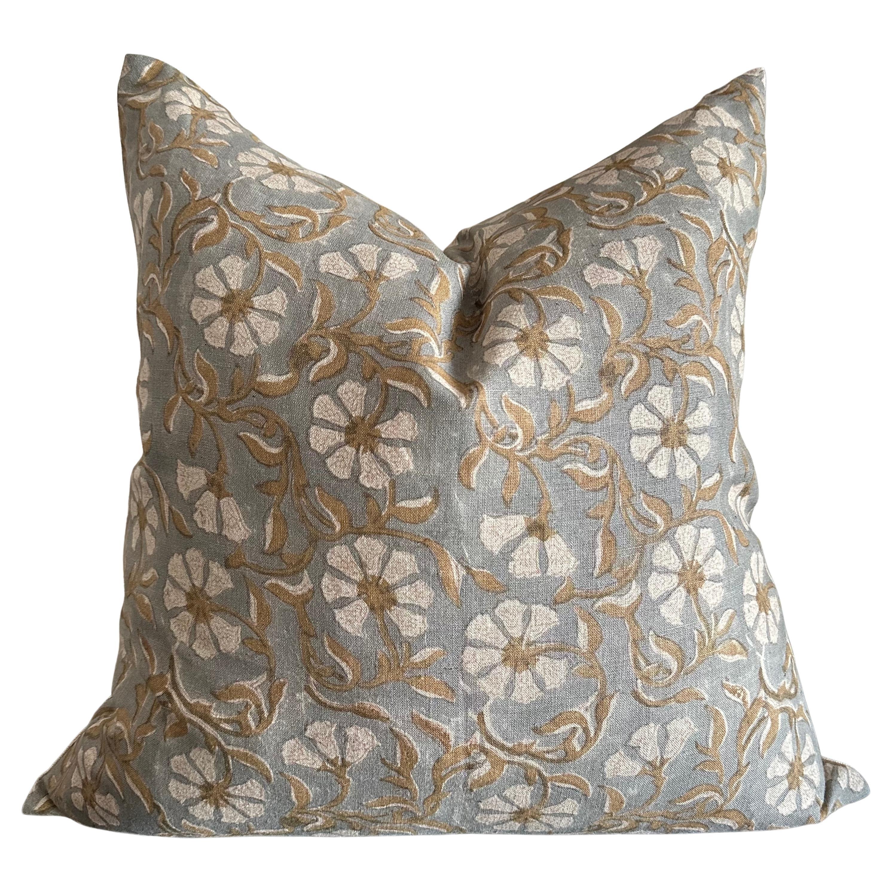 Atherton Block Printed Pillow with Down Feather Insert For Sale