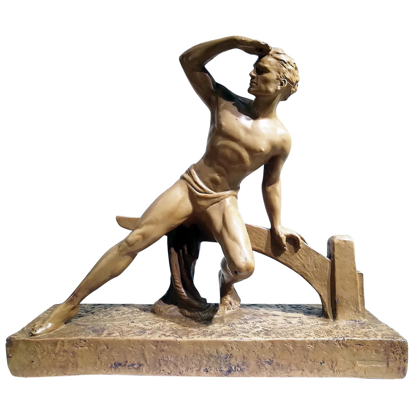 “Athlete” Terracotta Sculpture Signed "Le Lourme" For Sale