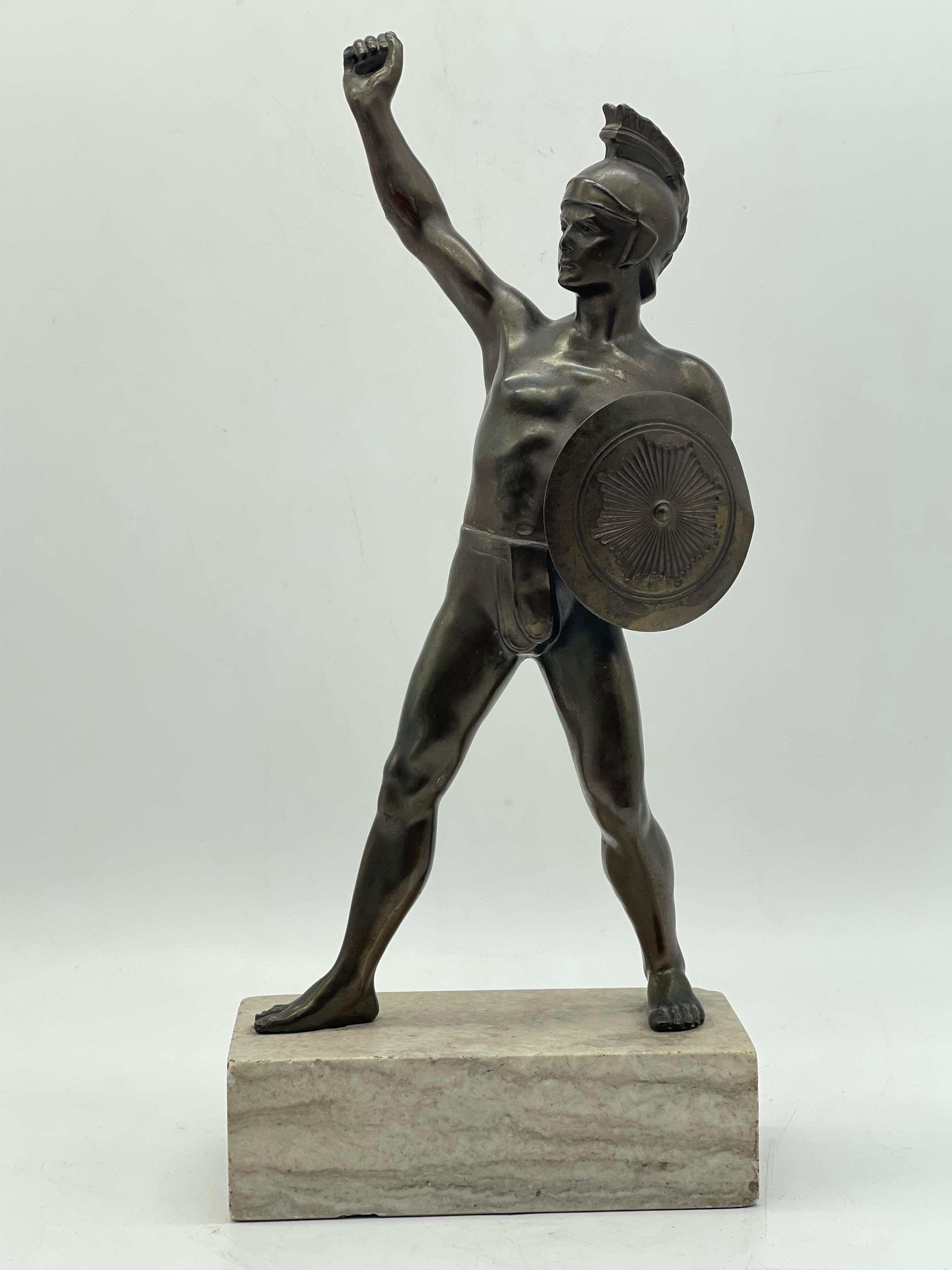 German Athletic bronze Warrior sculpture on marble base Greek figure with shield For Sale