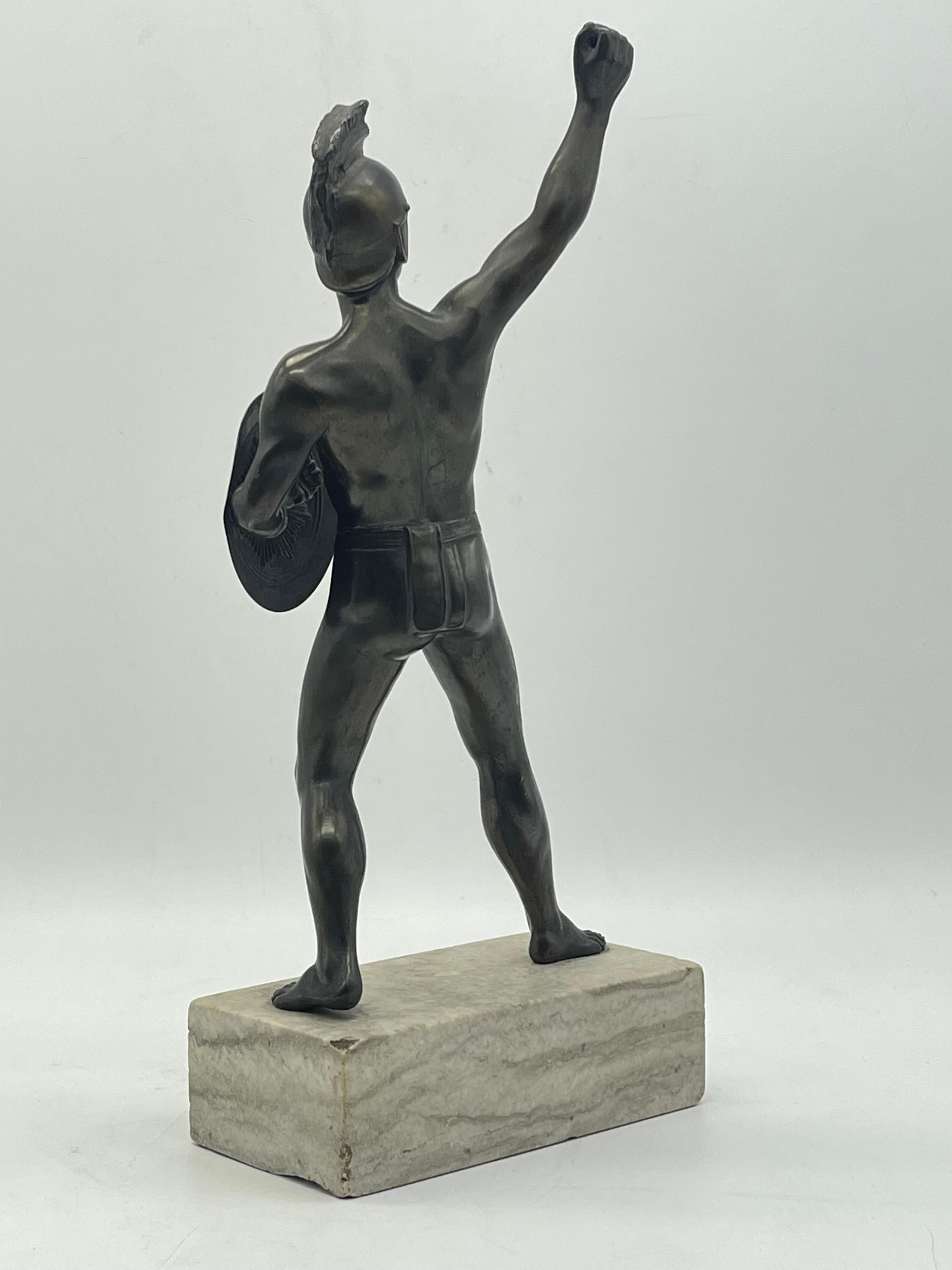 19th Century Athletic bronze Warrior sculpture on marble base Greek figure with shield For Sale