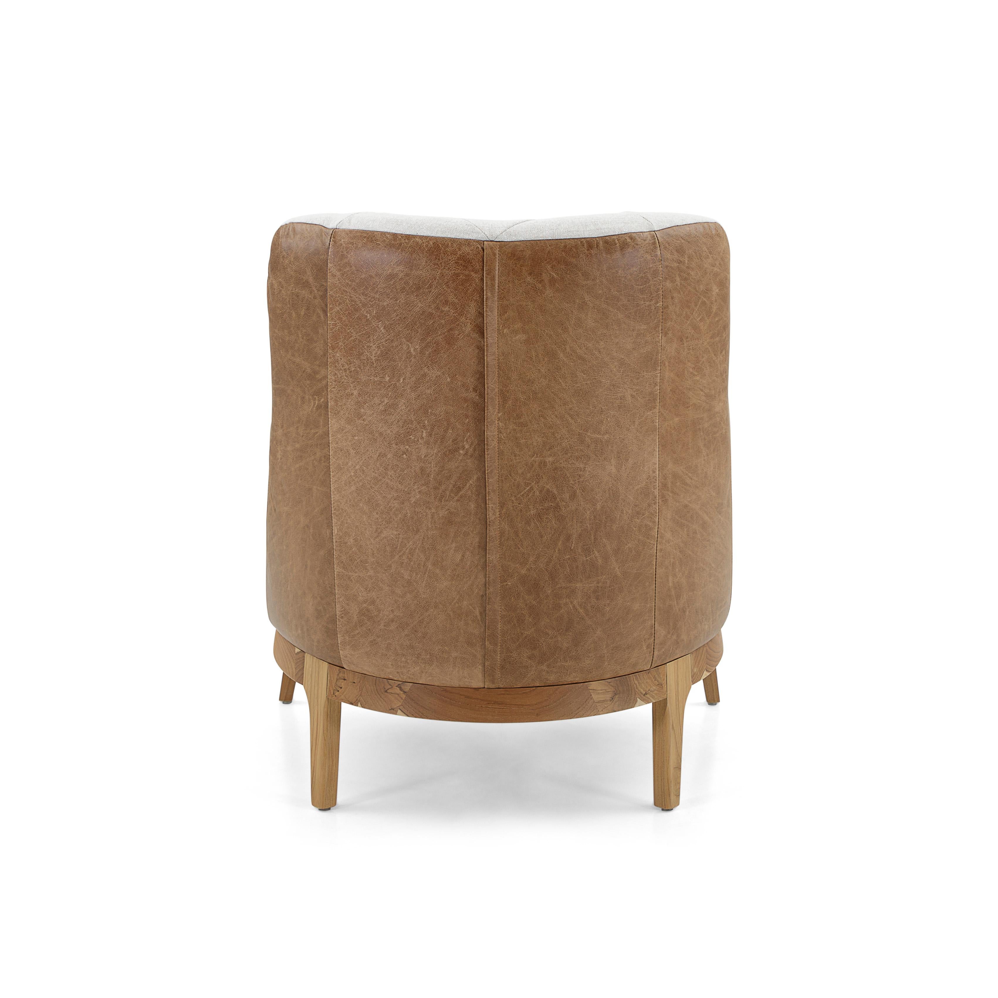 Brazilian Athos Armchair Upholstered in Leather and Fabric in Teak Wood Finish For Sale