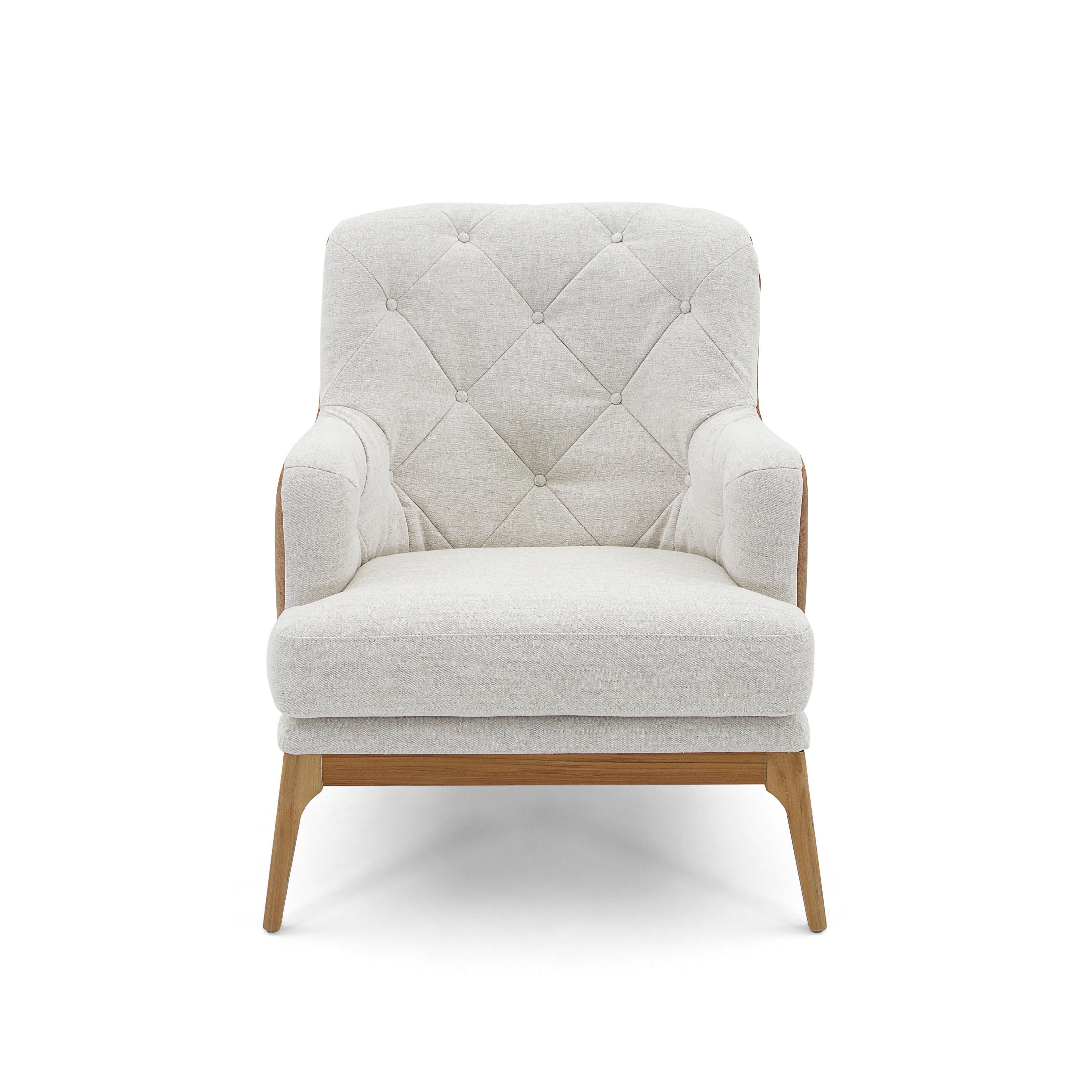 Athos Armchair Upholstered in Leather and Fabric in Teak Wood Finish In New Condition For Sale In Miami, FL