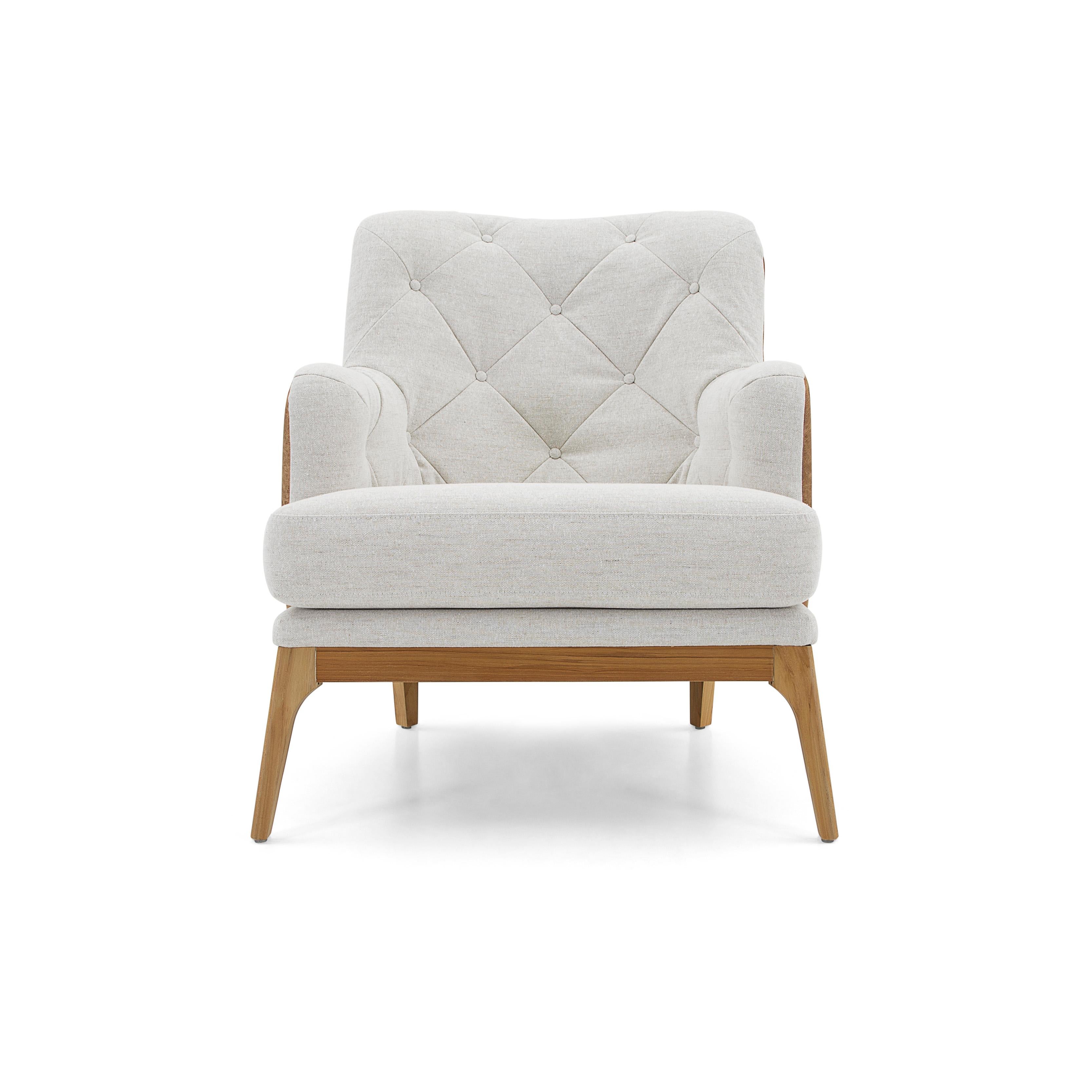 Contemporary Athos Armchair Upholstered in Leather and Fabric in Teak Wood Finish For Sale