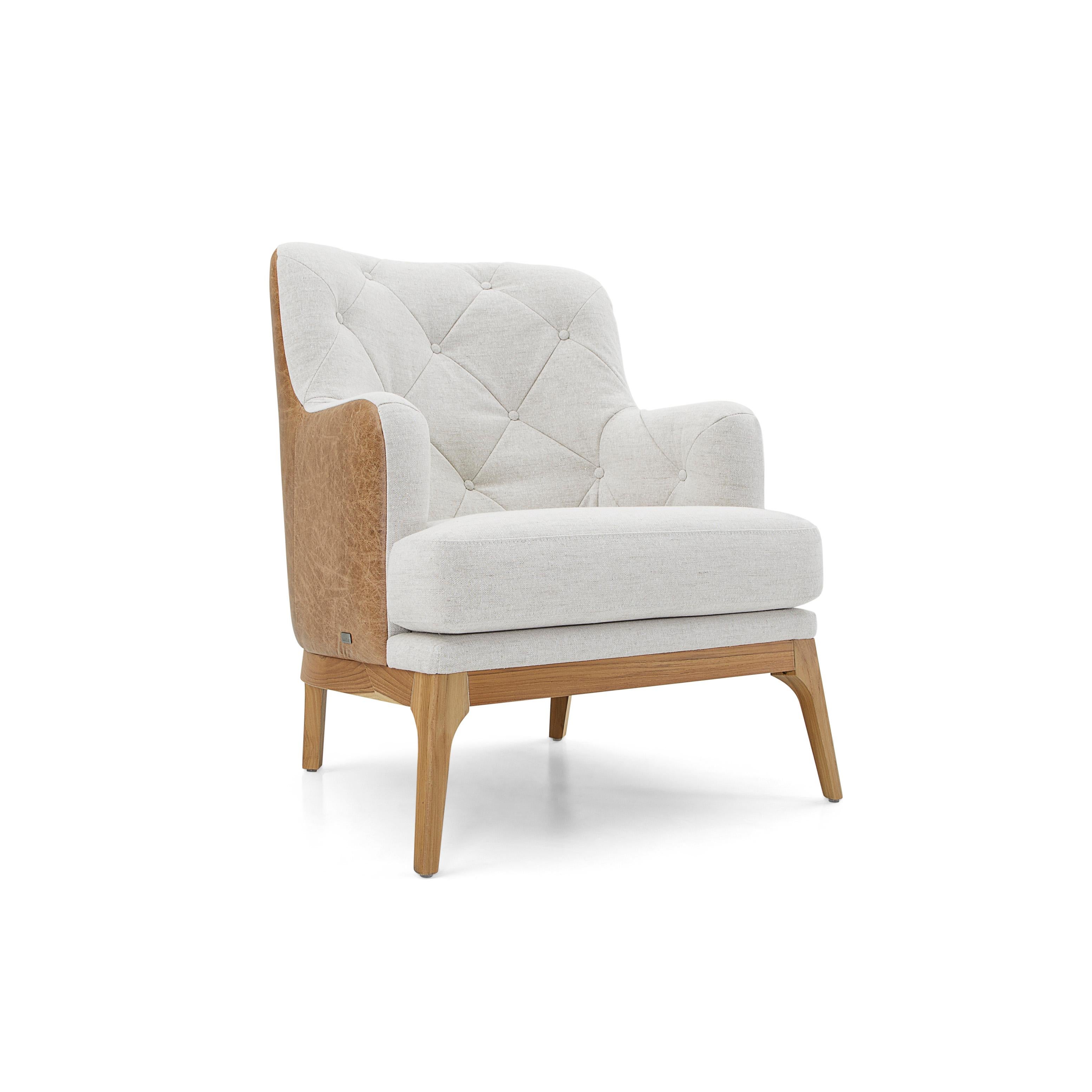 Upholstery Athos Armchair Upholstered in Leather and Fabric in Teak Wood Finish For Sale