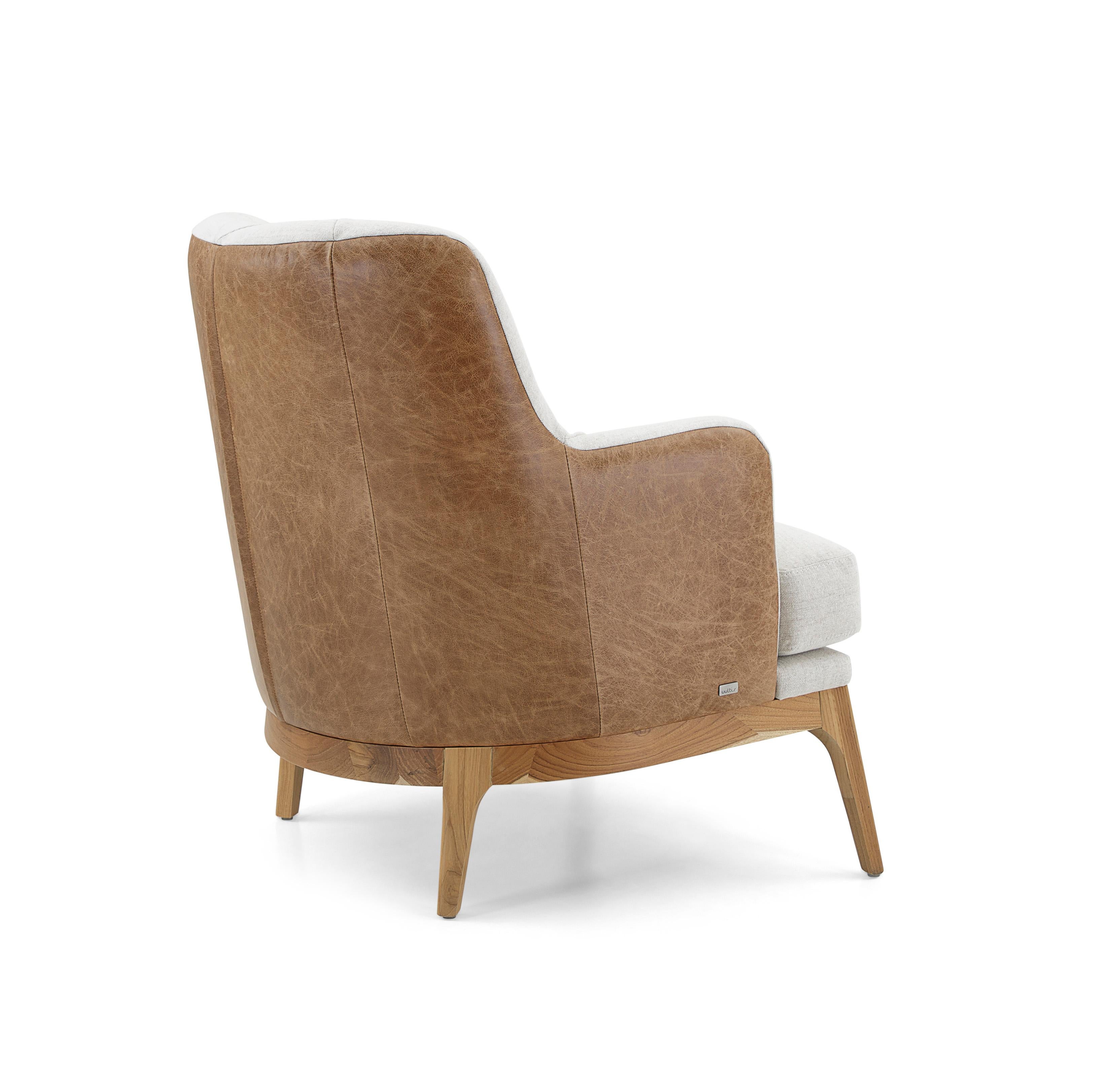 Athos Armchair Upholstered in Leather and Fabric in Teak Wood Finish For Sale 1