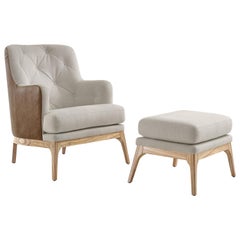 Athos Armchair Upholstered in Leather and Fabric with Stool, Both in Teak Finish