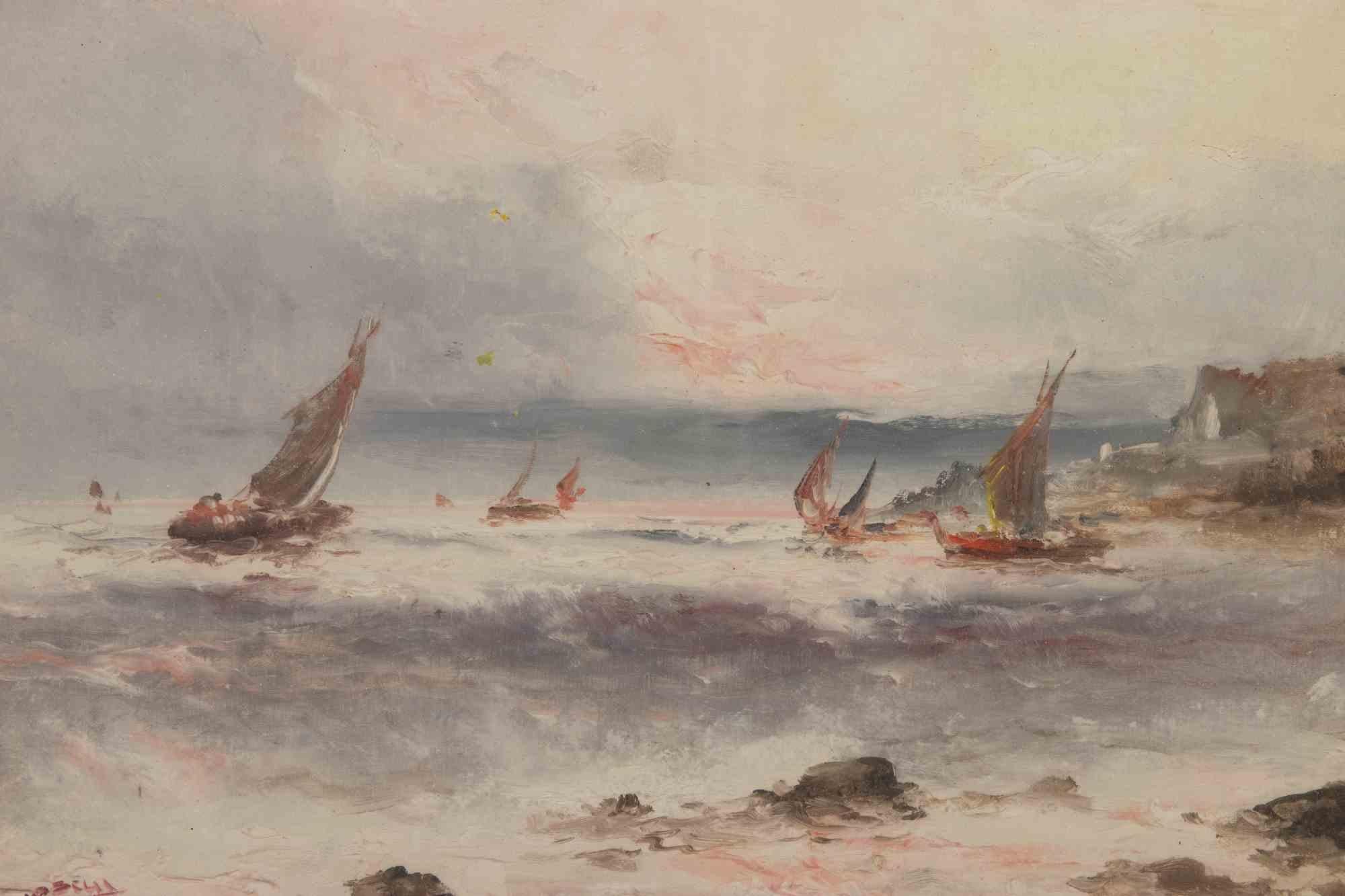 Seascape - Oil Paint by Athos Brioschi - Mid-20th Century For Sale 1