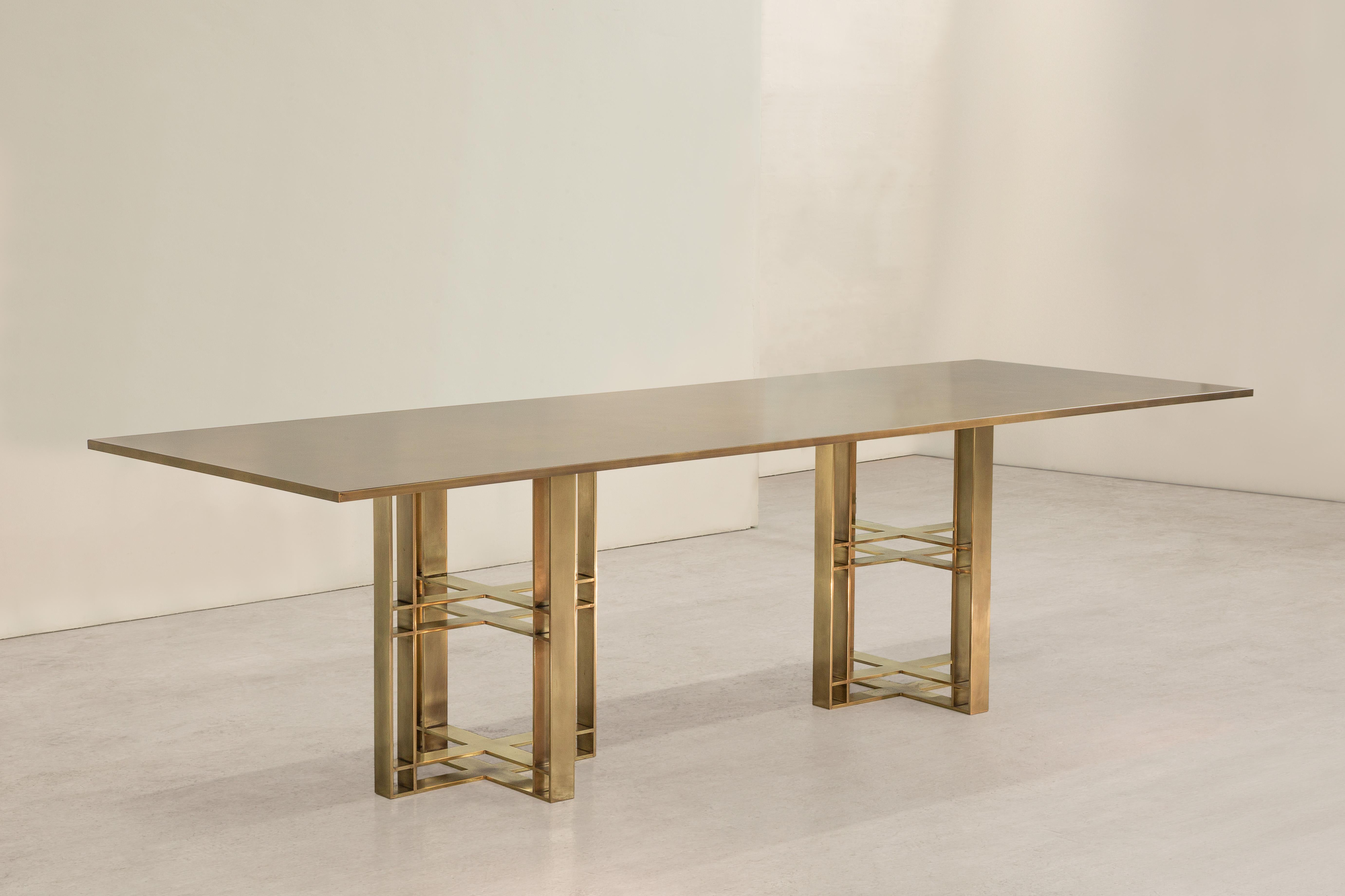 Industrial Athwart Dining Table, All Patinated Brass , Xl, Made in Britain For Sale