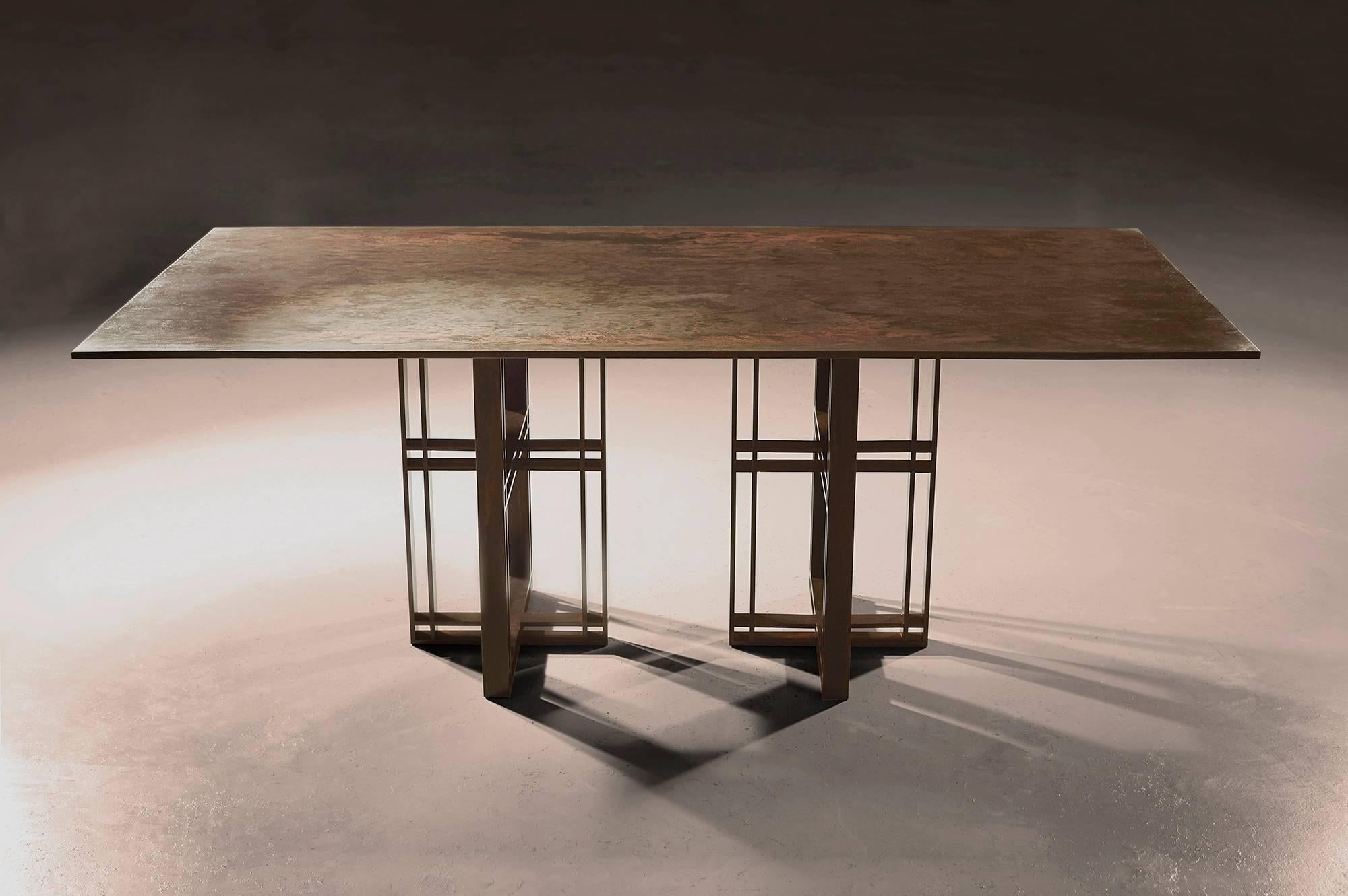 Industrial Athwart Dining Table — Patinated Steel — L For Sale