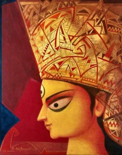 Durga, Indian Goddess, Mythology, Tempera on Board, Red, Yellow colors"In Stock"