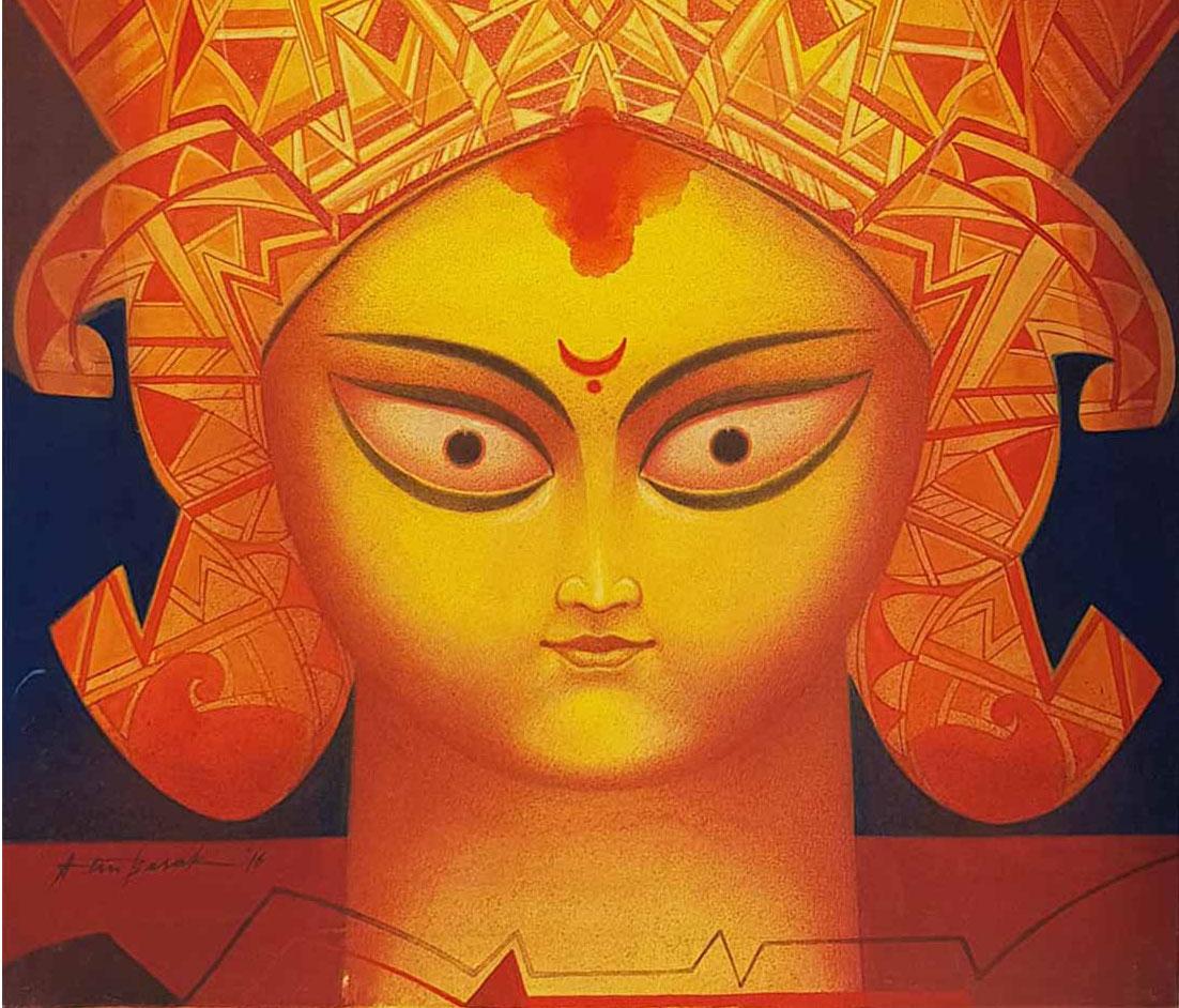 Durga, Indian Goddess, Tempera on Board, Red, Yellow by Indian Artist 