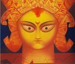 Durga, Indian Goddess, Tempera on Board, Red, Yellow by Indian Artist "In Stock"